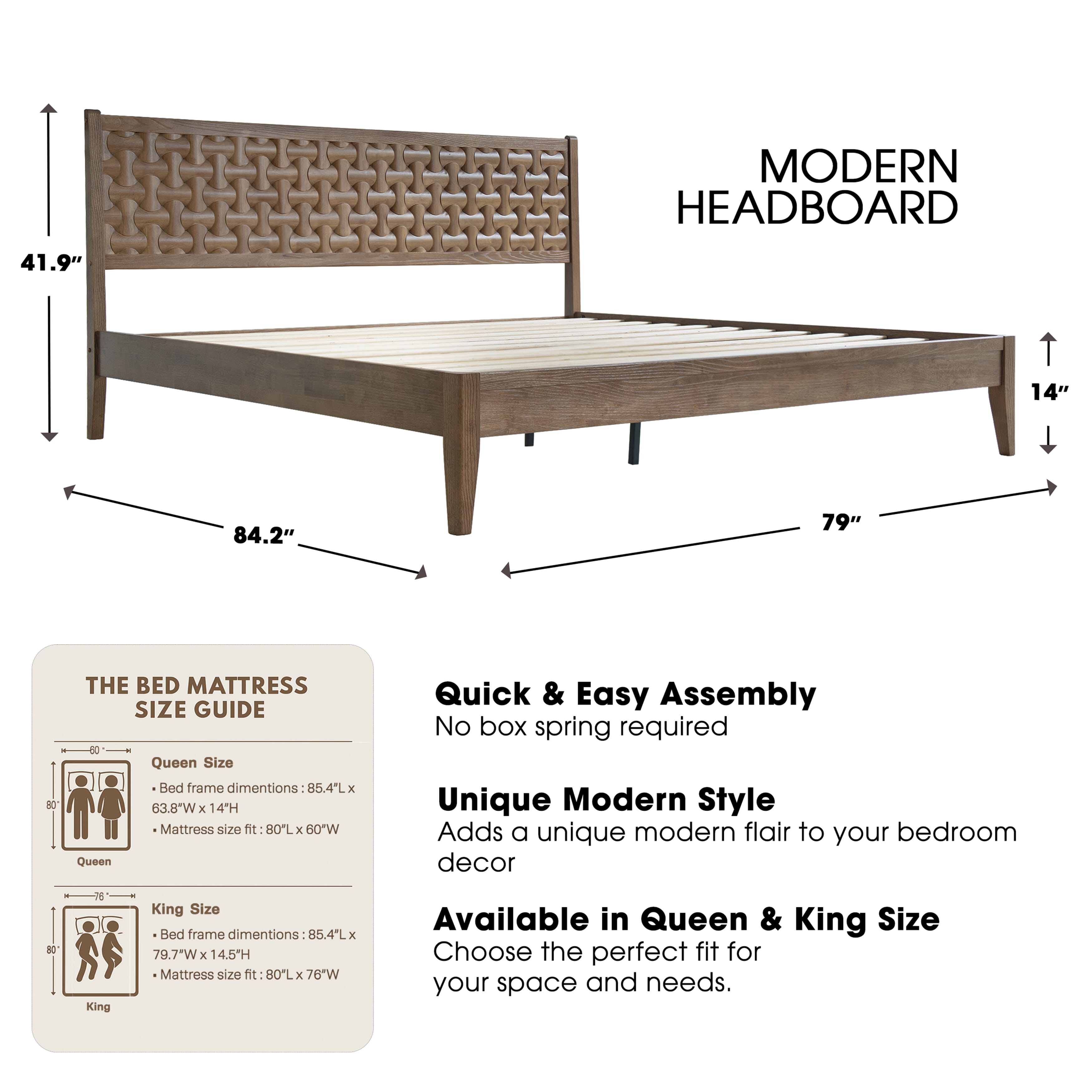King Size Platform Bed Frame with Solid Wood Headboard & Footboard, 12 Stable Slatted Structure, Center Metal Legs, No Box Spring Needed, Anti-Slip & Noise-Free, Easy Assembly, Barnwood Finish, ORK-30