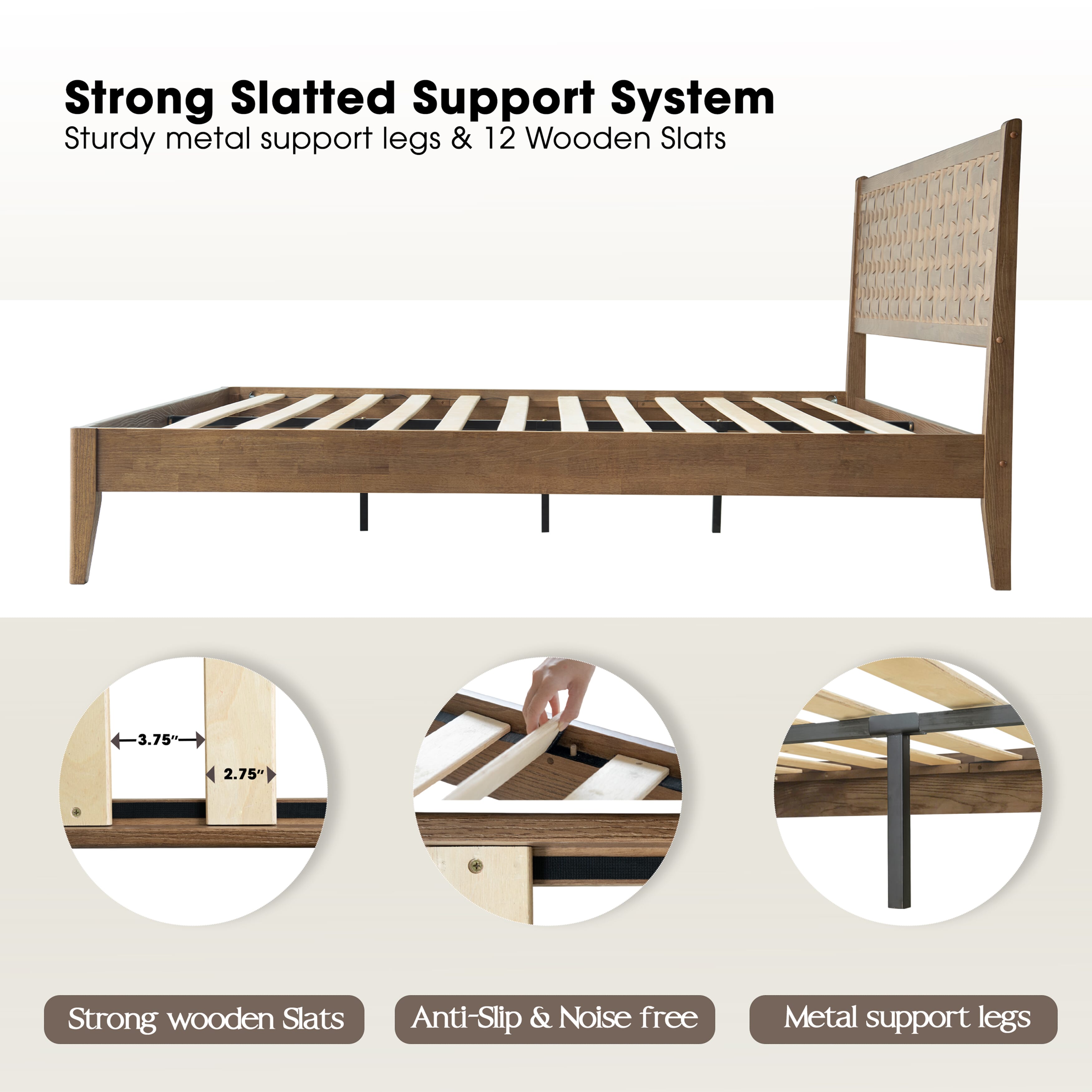 King Size Platform Bed Frame with Solid Wood Headboard & Footboard, 12 Stable Slatted Structure, Center Metal Legs, No Box Spring Needed, Anti-Slip & Noise-Free, Easy Assembly, Barnwood Finish, ORK-30