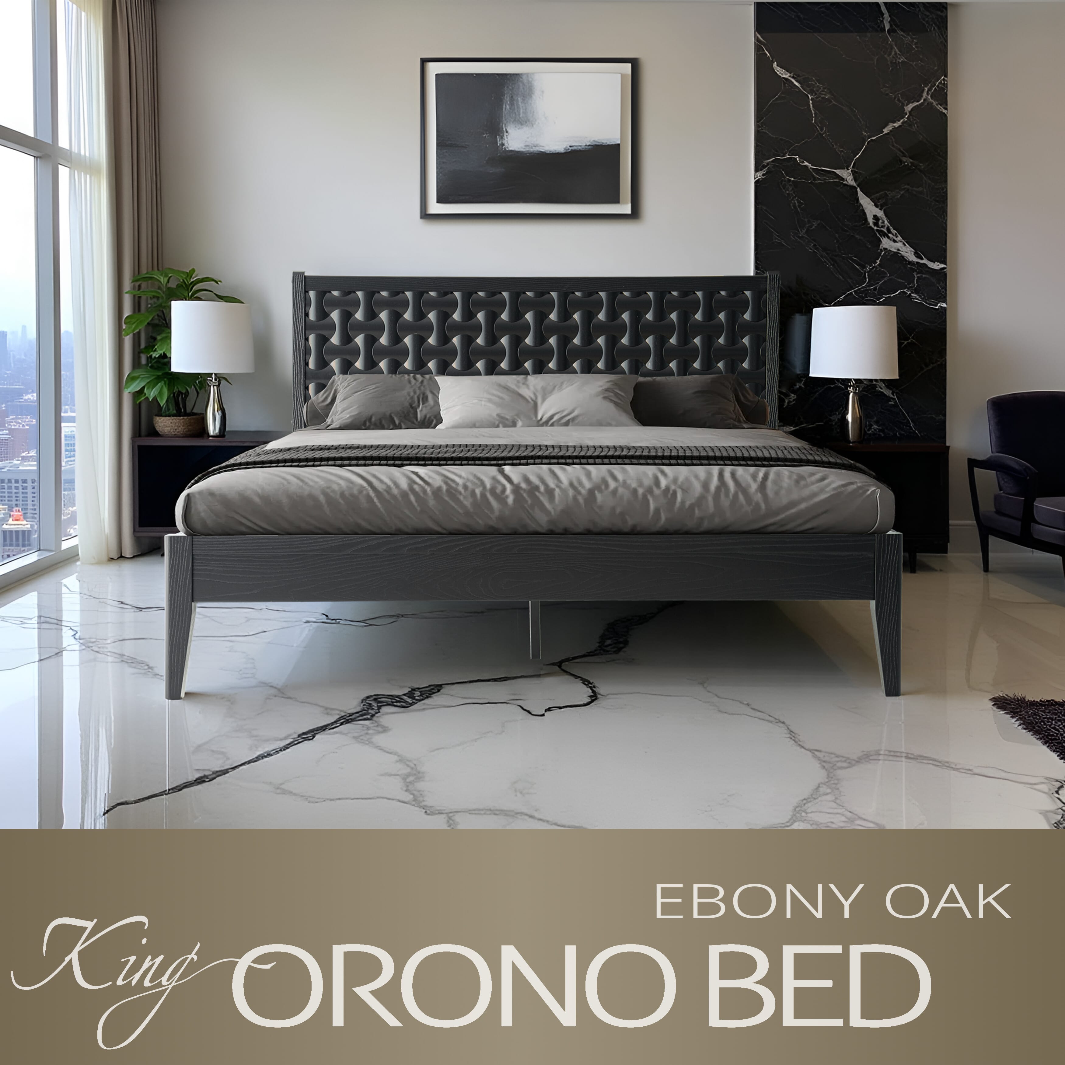 King Size Bed Frame, Solid Wood Platform Bed with Headboard & Footboard, 12 Sturdy Slatted, Central Metal Legs, Easy Assembly, Anti-Slip & Noise-Free, No Box Spring Needed, Ebony Oak Finish, ORK-35