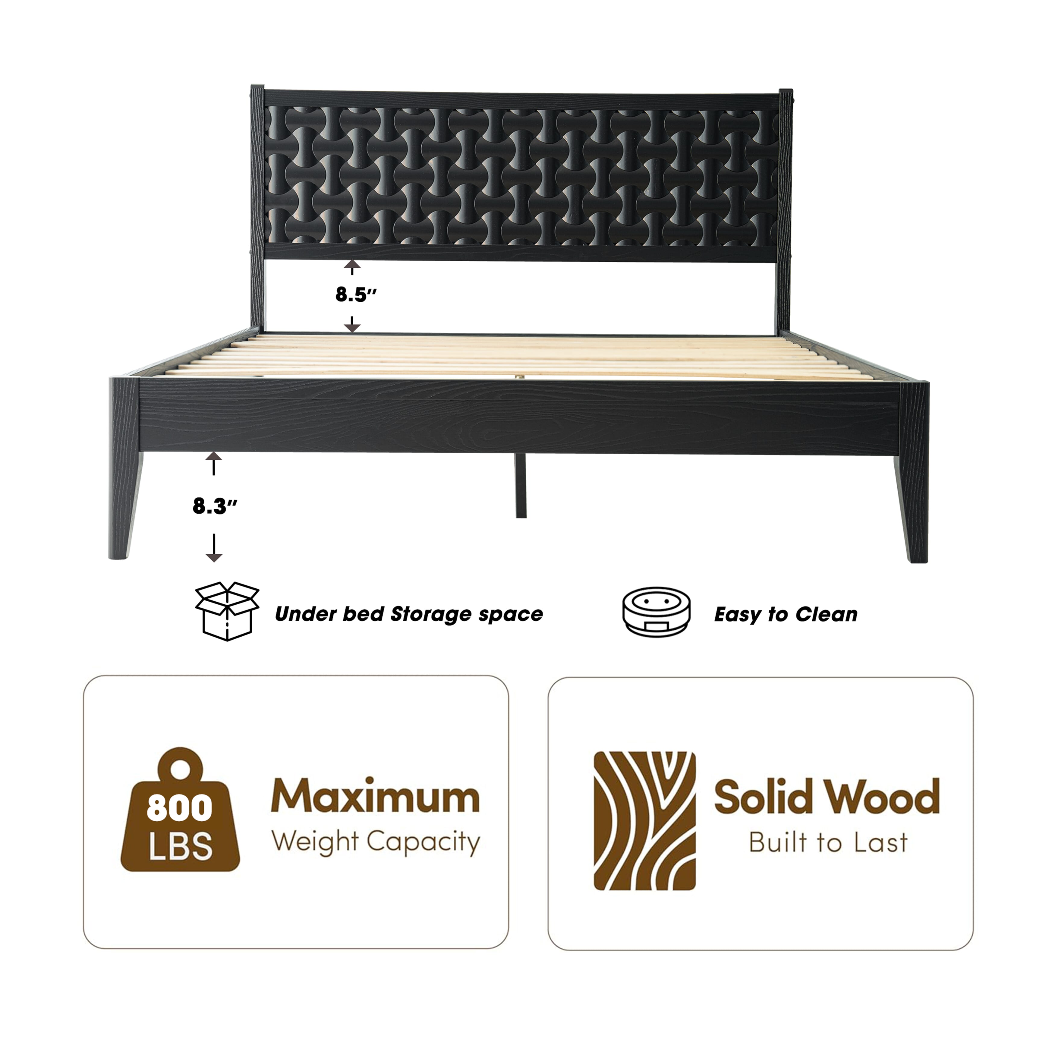 King Size Bed Frame, Solid Wood Platform Bed with Headboard & Footboard, 12 Sturdy Slatted, Central Metal Legs, Easy Assembly, Anti-Slip & Noise-Free, No Box Spring Needed, Ebony Oak Finish, ORK-35