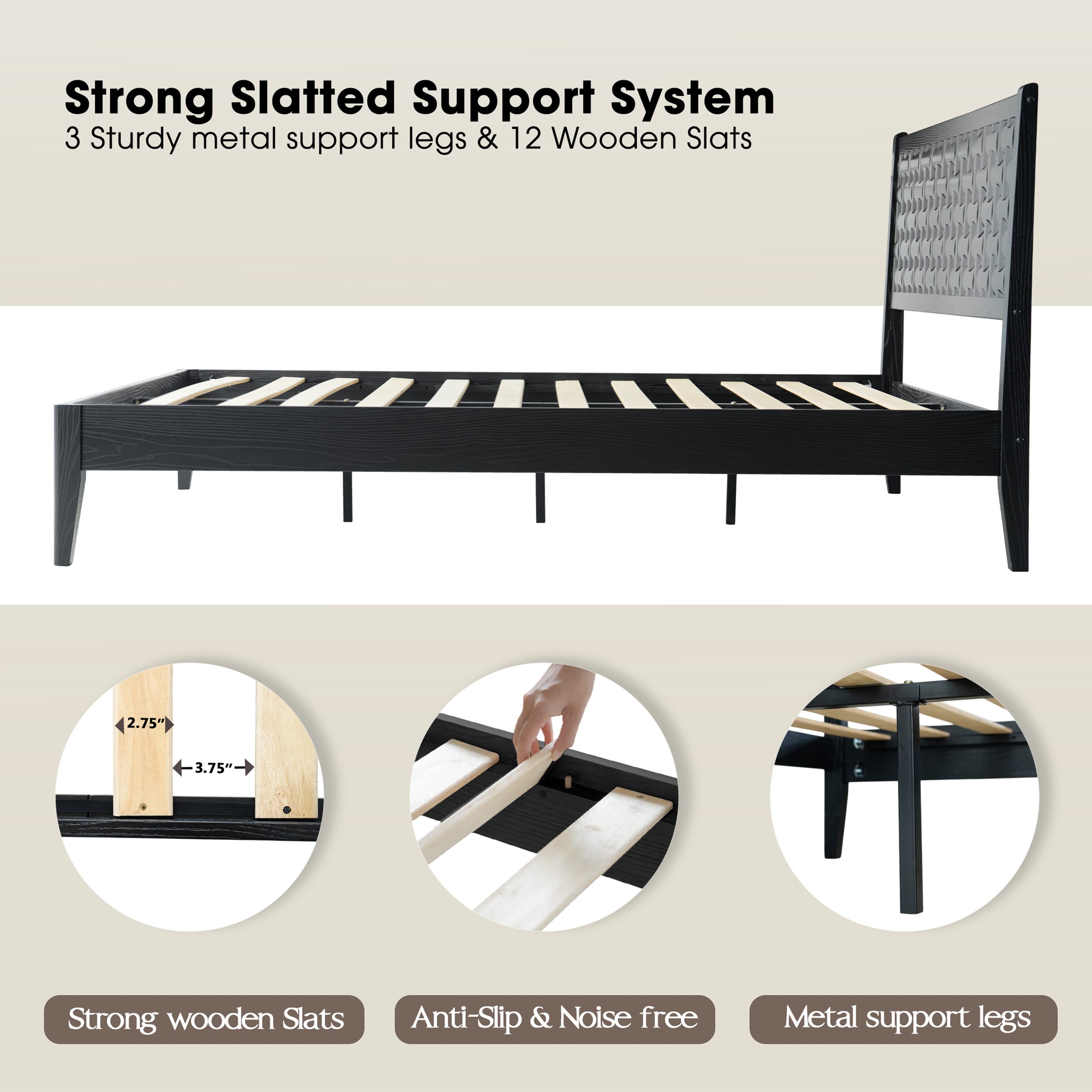 King Size Bed Frame, Solid Wood Platform Bed with Headboard & Footboard, 12 Sturdy Slatted, Central Metal Legs, Easy Assembly, Anti-Slip & Noise-Free, No Box Spring Needed, Ebony Oak Finish, ORK-35