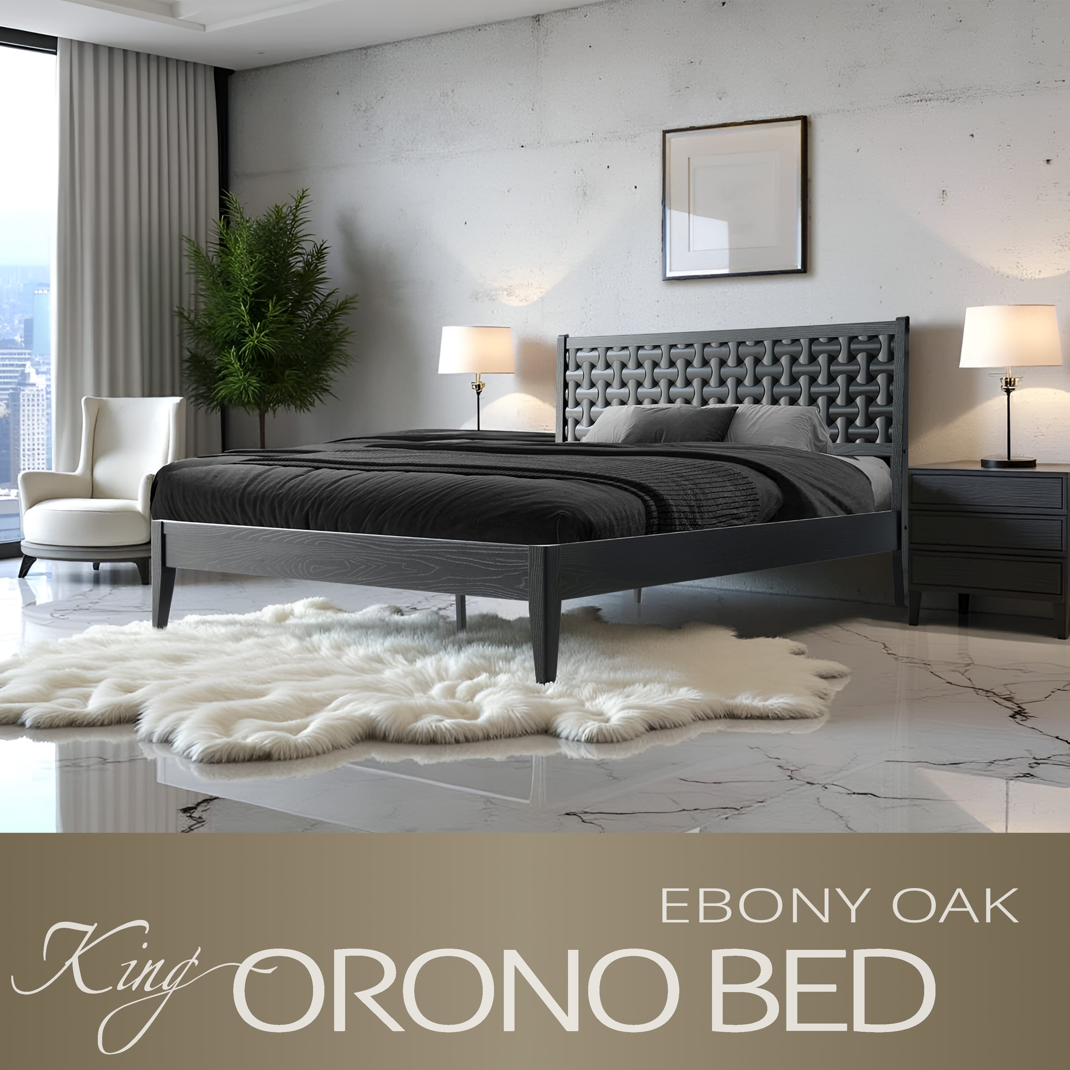 King Size Bed Frame, Solid Wood Platform Bed with Headboard & Footboard, 12 Sturdy Slatted, Central Metal Legs, Easy Assembly, Anti-Slip & Noise-Free, No Box Spring Needed, Ebony Oak Finish, ORK-35
