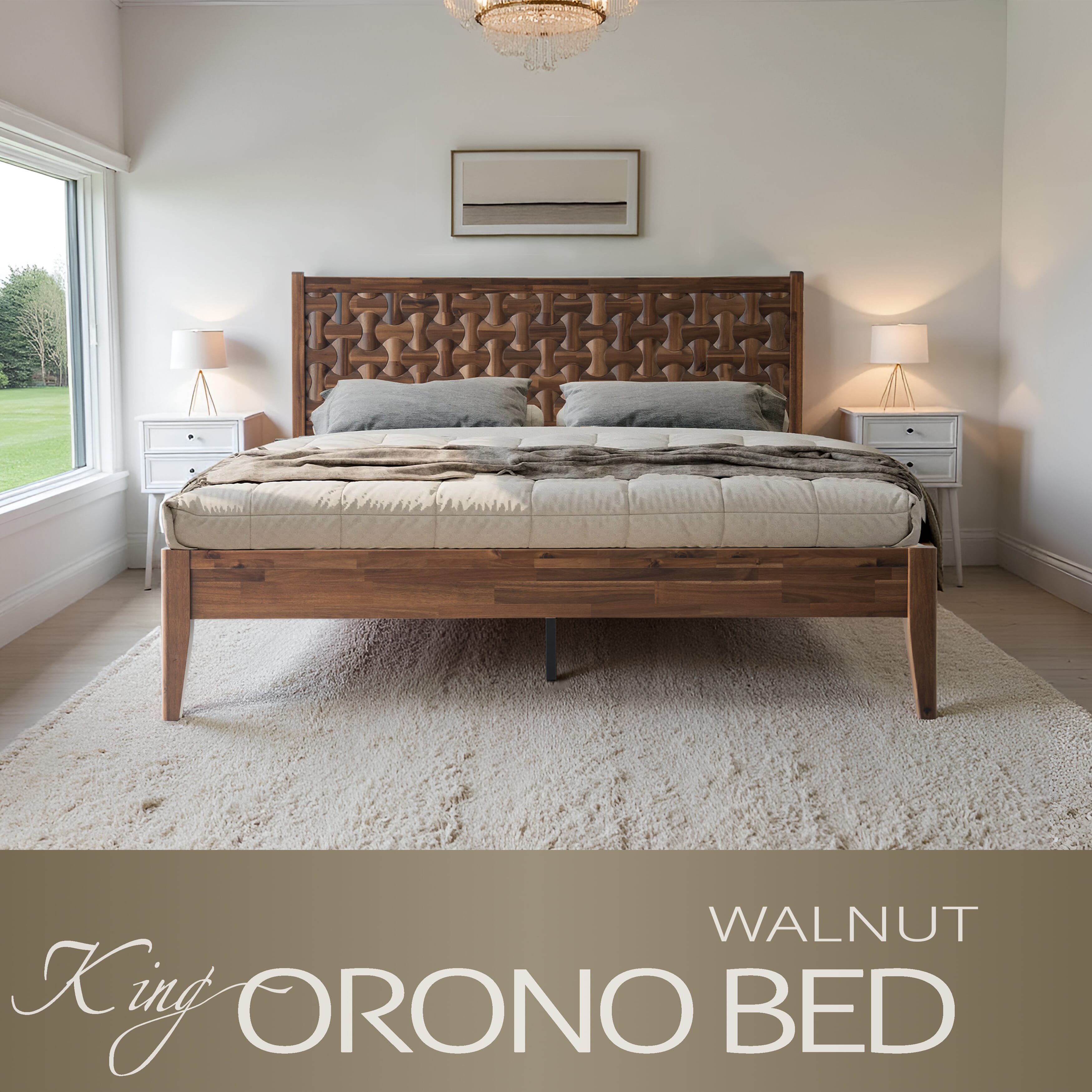 King Size Solid Wood Bed Frame with Headboard & Footboard Platform Bed, 12 Strong Slatted Base, Metal Legs, No Box Spring Needed, Easy Assembly, Anti-Slip & Noise-Free, Walnut Finish, ORK-37