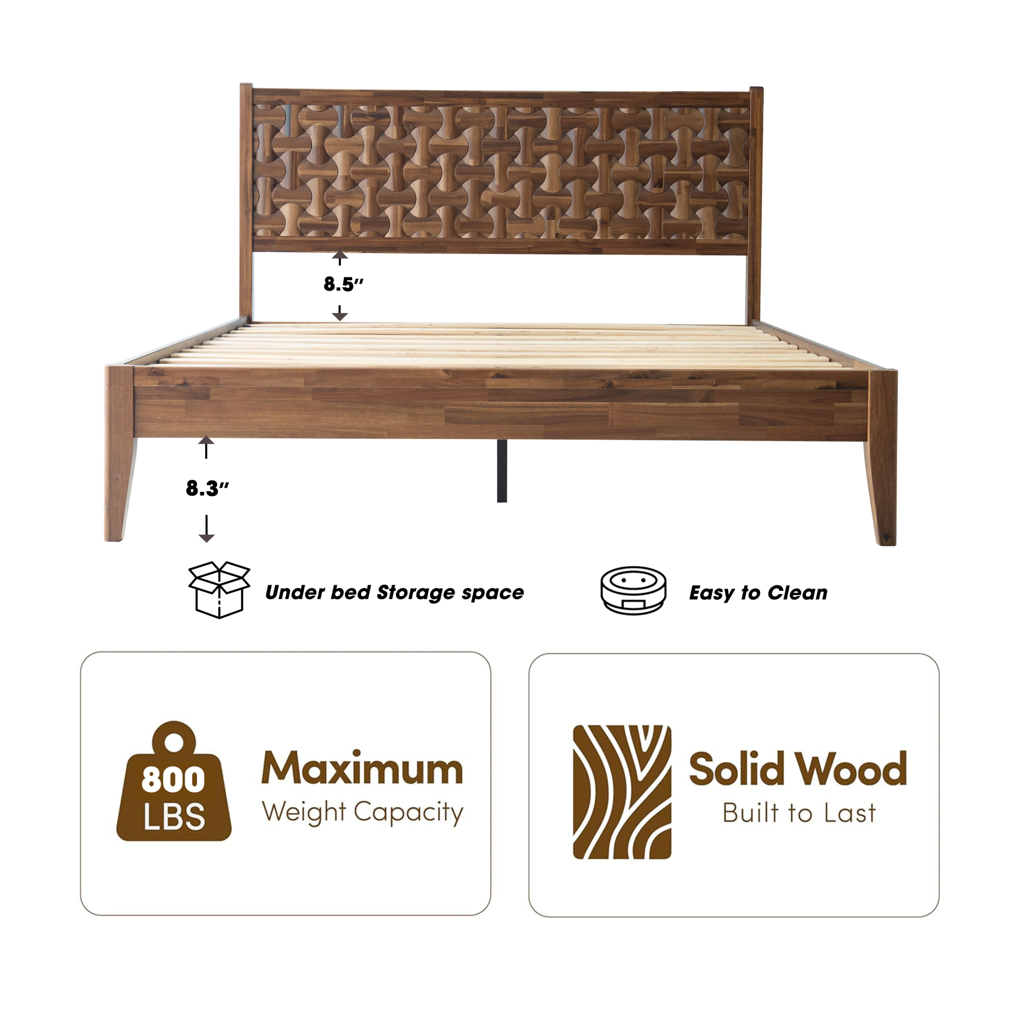 King Size Solid Wood Bed Frame with Headboard & Footboard Platform Bed, 12 Strong Slatted Base, Metal Legs, No Box Spring Needed, Easy Assembly, Anti-Slip & Noise-Free, Walnut Finish, ORK-37