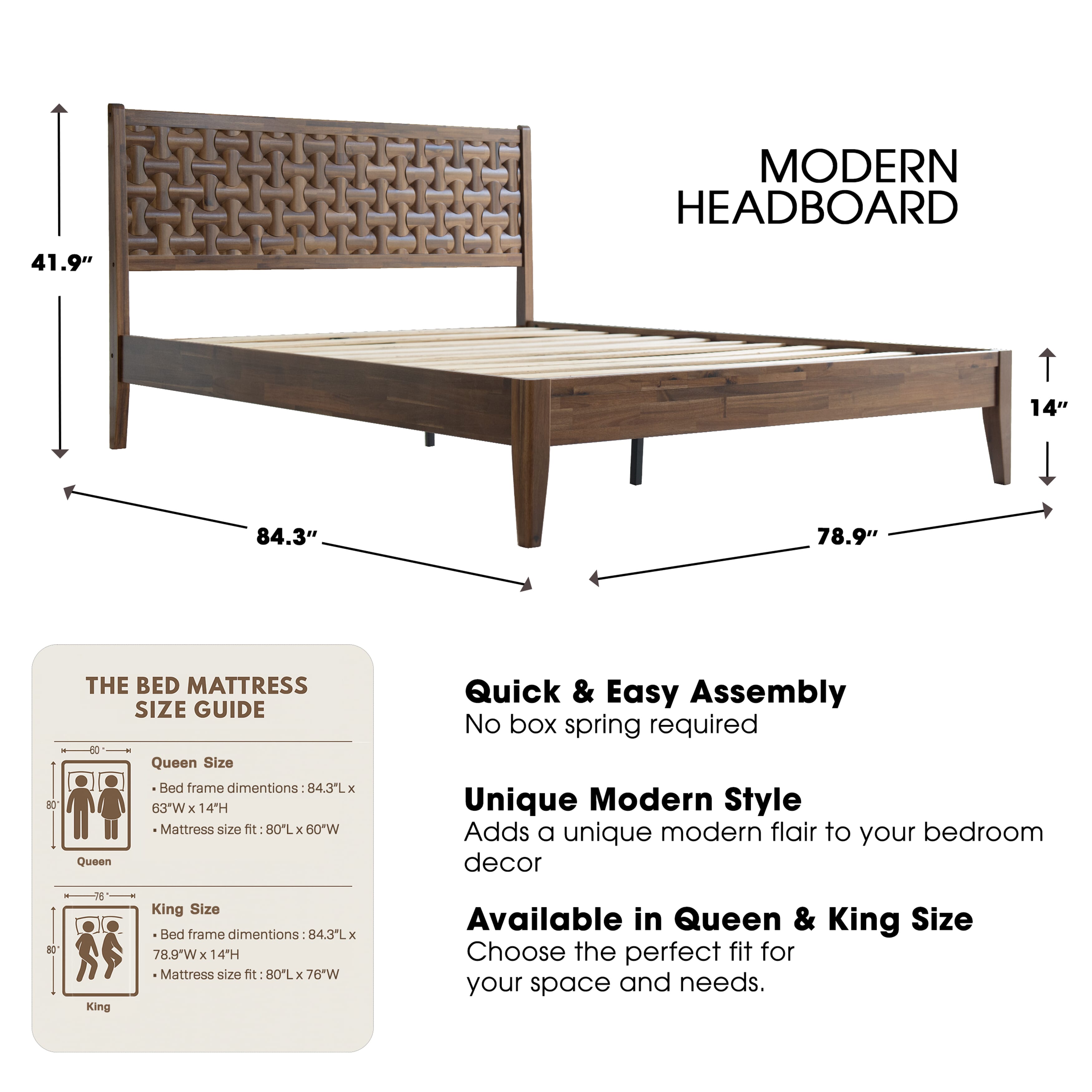 King Size Solid Wood Bed Frame with Headboard & Footboard Platform Bed, 12 Strong Slatted Base, Metal Legs, No Box Spring Needed, Easy Assembly, Anti-Slip & Noise-Free, Walnut Finish, ORK-37