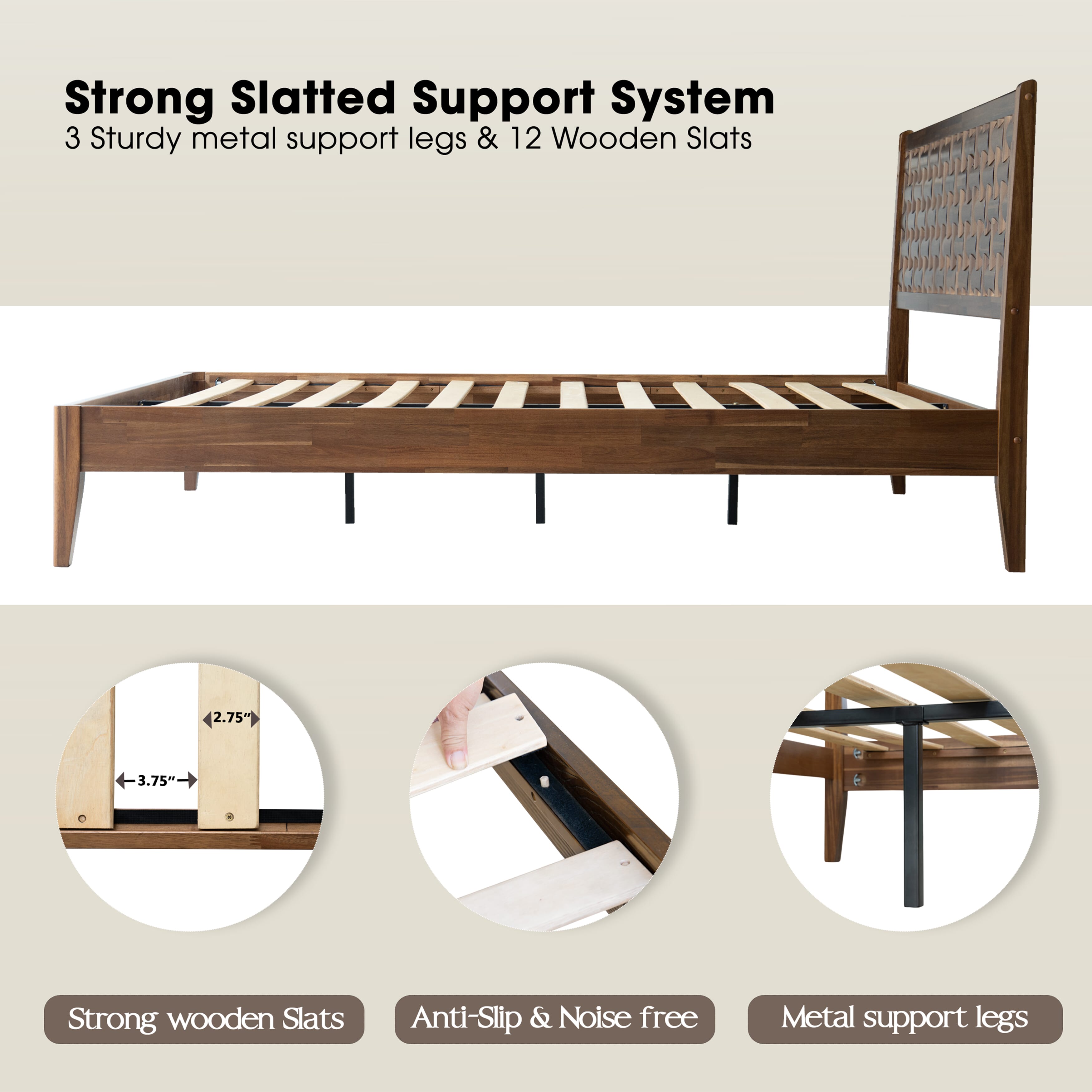 King Size Solid Wood Bed Frame with Headboard & Footboard Platform Bed, 12 Strong Slatted Base, Metal Legs, No Box Spring Needed, Easy Assembly, Anti-Slip & Noise-Free, Walnut Finish, ORK-37