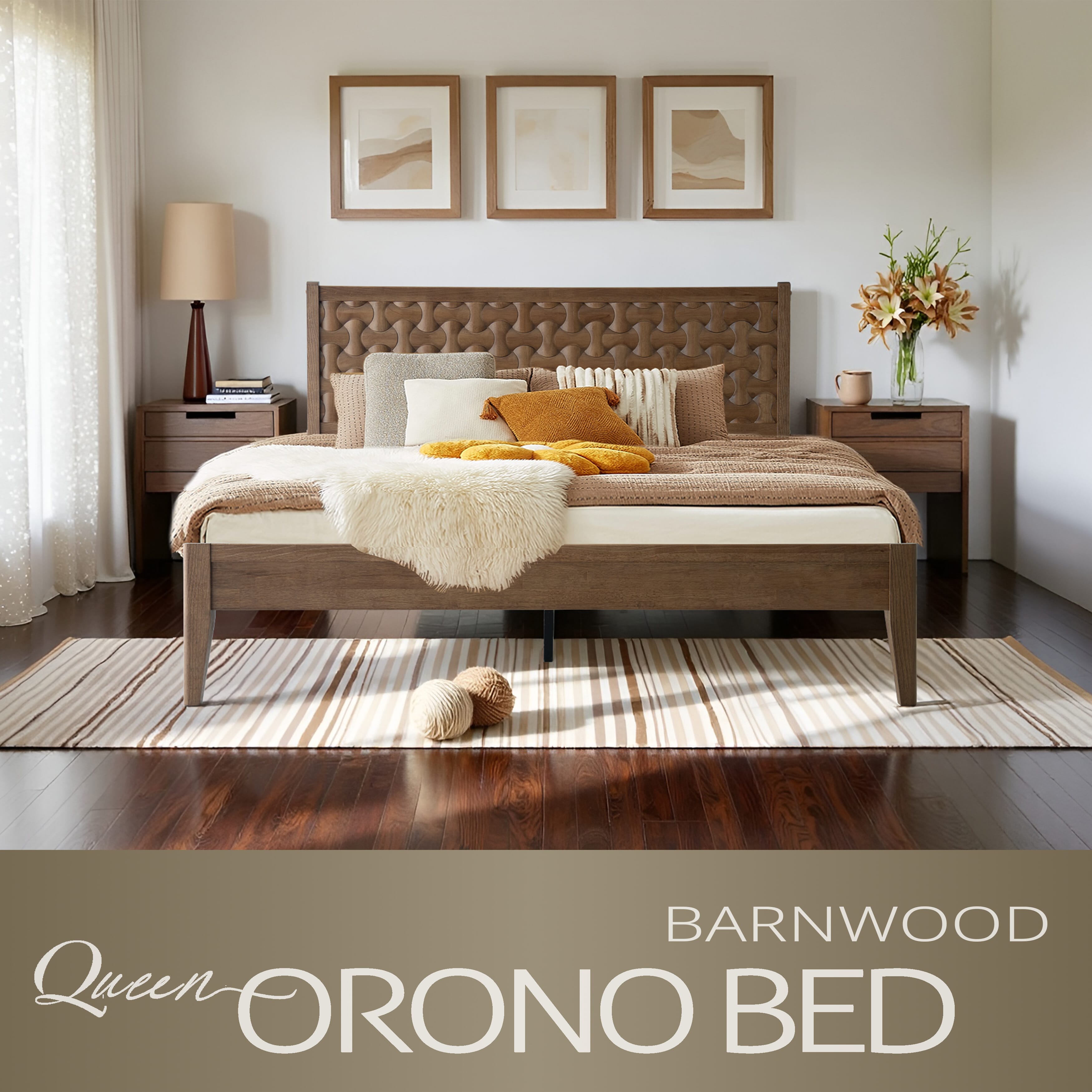 Queen Size Bed Frame with Headboard & Footboard Solid Wood Platform Bed, Central Metal Legs, 12 Heavy-duty Slatted Base, No Box Spring Needed, Noise-Free & Anti-Slip, Barnwood Finish, ORQ-30