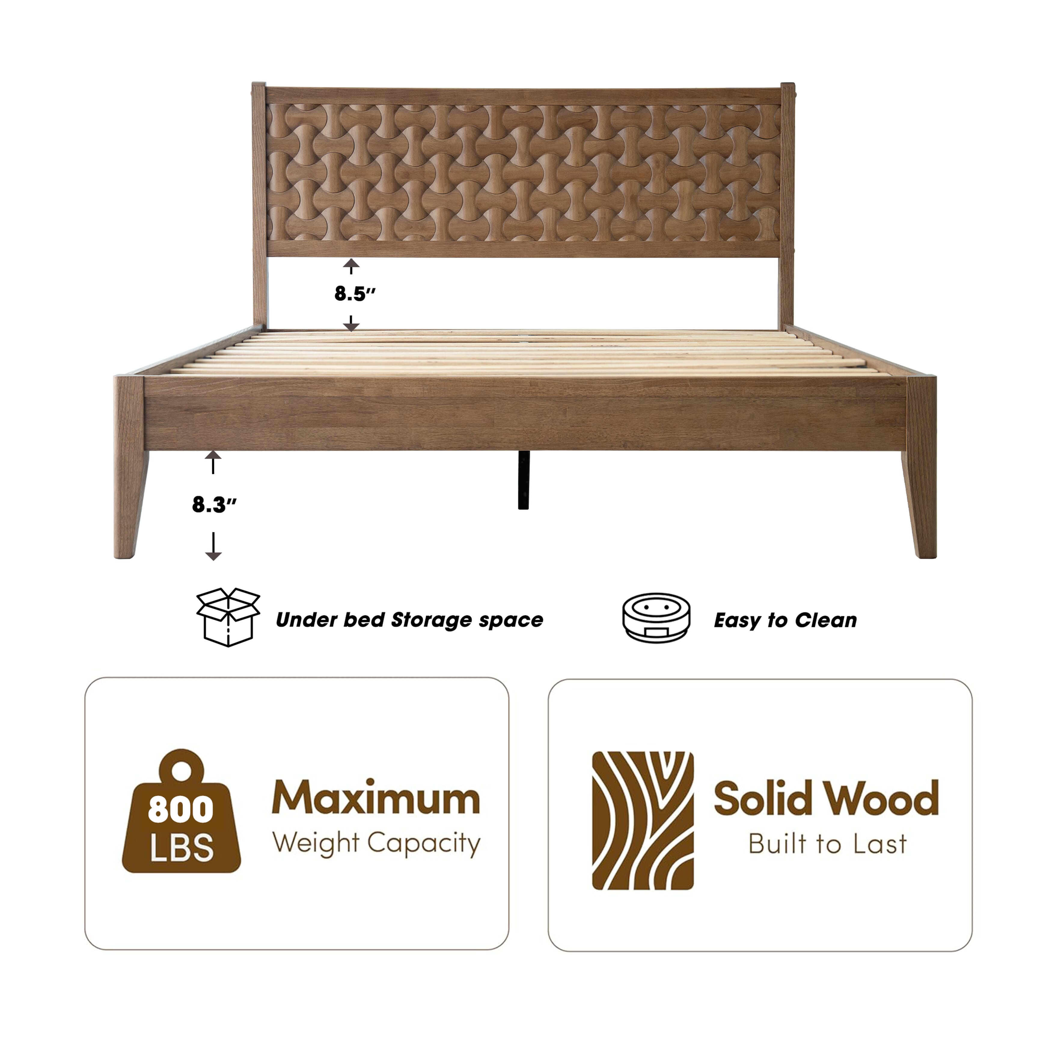 Queen Size Bed Frame with Headboard & Footboard Solid Wood Platform Bed, Central Metal Legs, 12 Heavy-duty Slatted Base, No Box Spring Needed, Noise-Free & Anti-Slip, Barnwood Finish, ORQ-30
