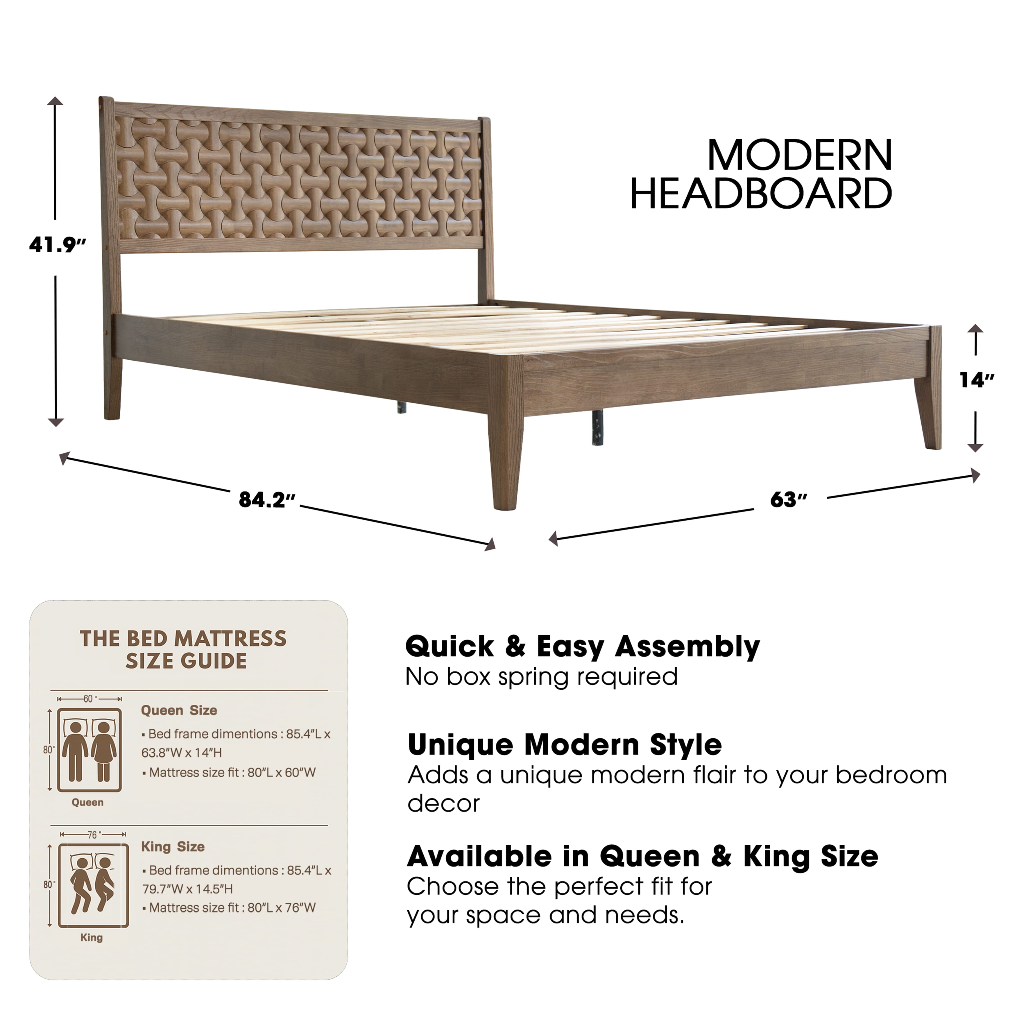 Queen Size Bed Frame with Headboard & Footboard Solid Wood Platform Bed, Central Metal Legs, 12 Heavy-duty Slatted Base, No Box Spring Needed, Noise-Free & Anti-Slip, Barnwood Finish, ORQ-30