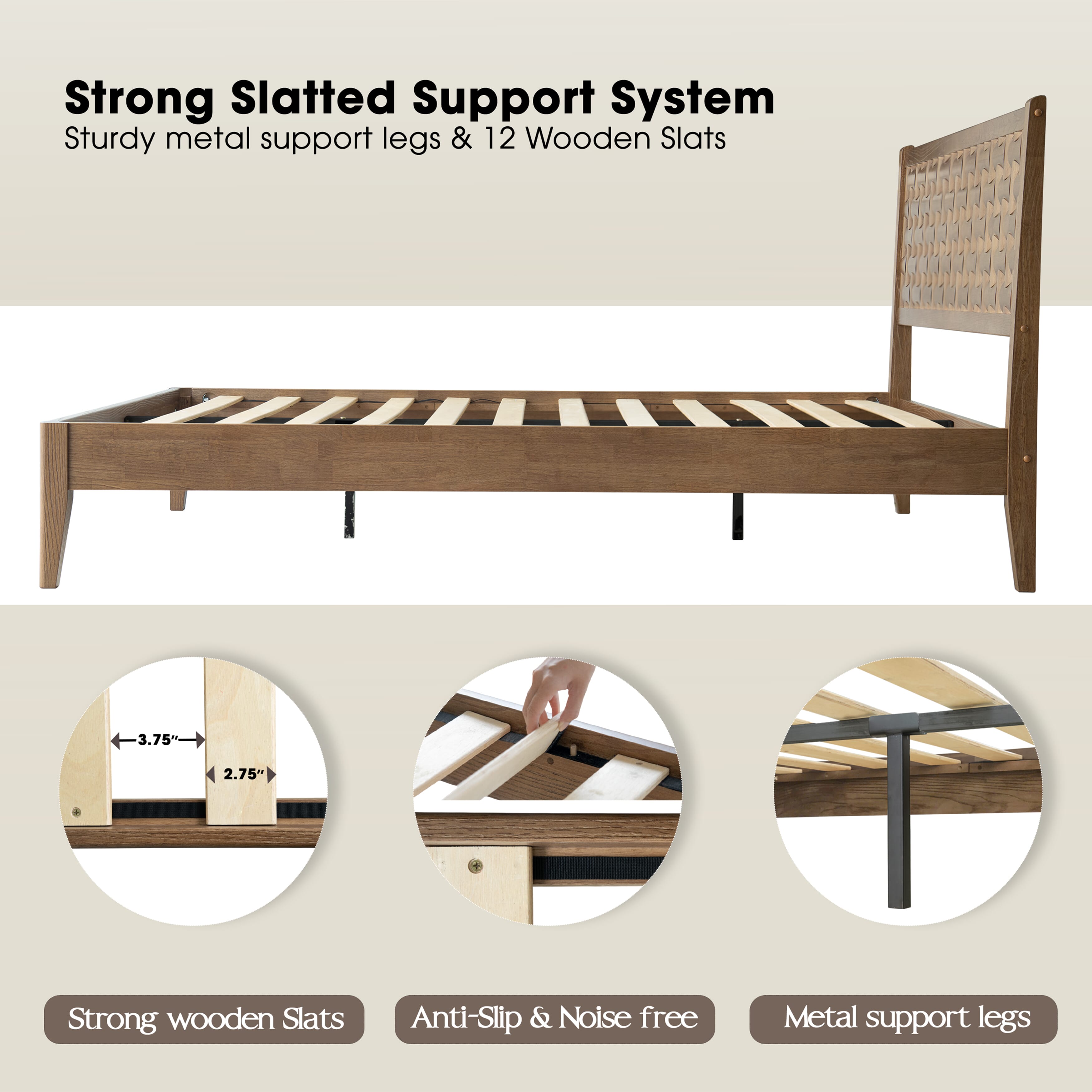 Queen Size Bed Frame with Headboard & Footboard Solid Wood Platform Bed, Central Metal Legs, 12 Heavy-duty Slatted Base, No Box Spring Needed, Noise-Free & Anti-Slip, Barnwood Finish, ORQ-30