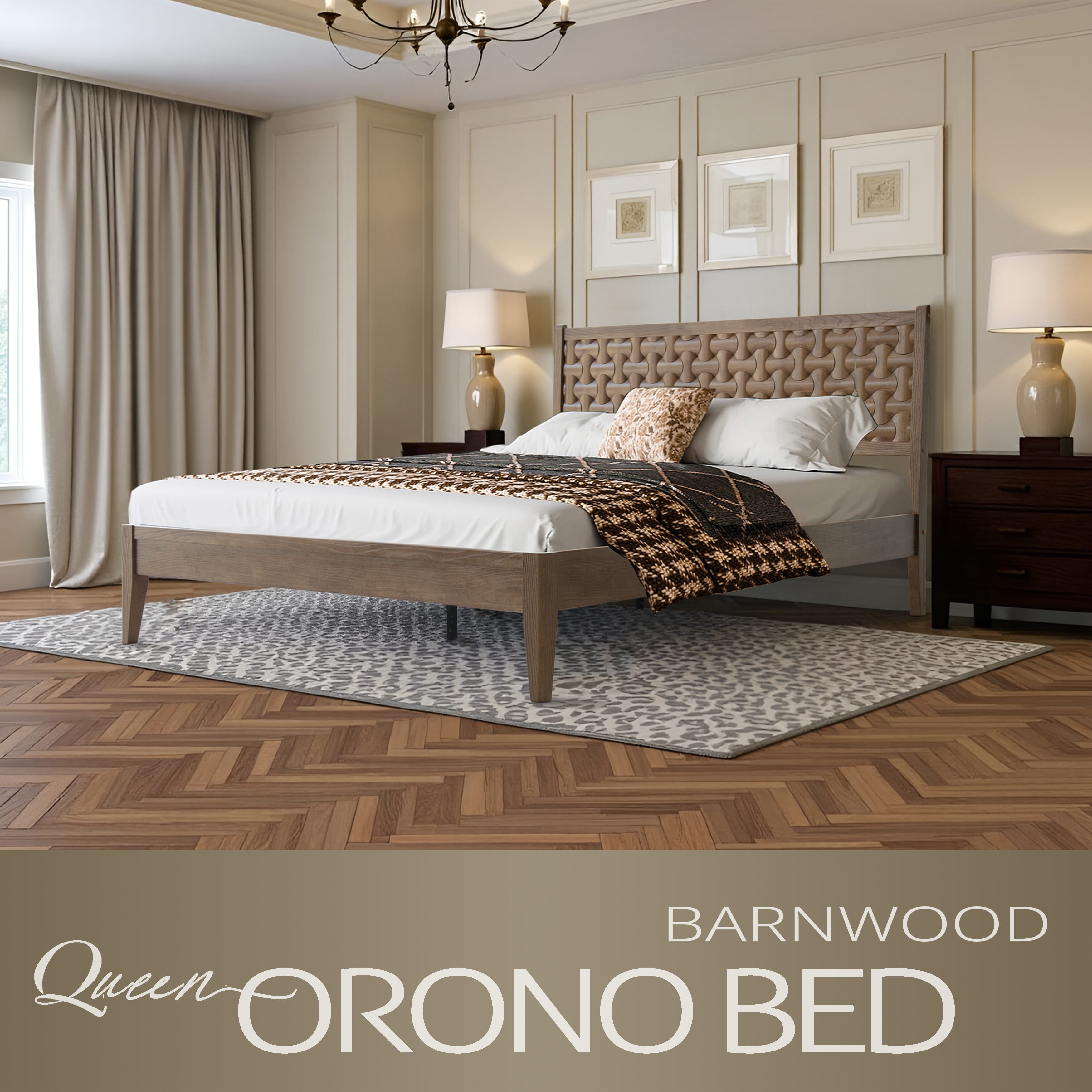 Queen Size Bed Frame with Headboard & Footboard Solid Wood Platform Bed, Central Metal Legs, 12 Heavy-duty Slatted Base, No Box Spring Needed, Noise-Free & Anti-Slip, Barnwood Finish, ORQ-30