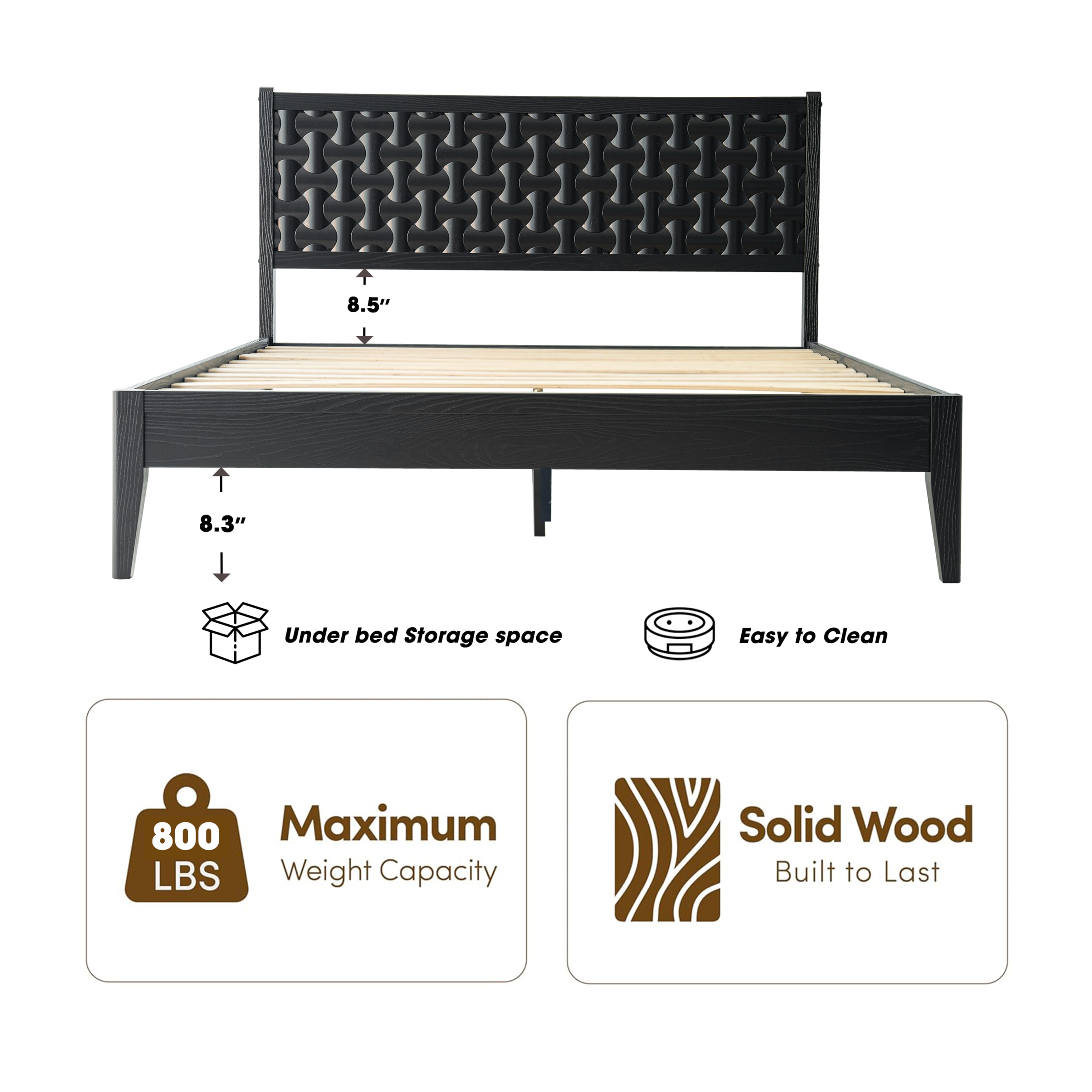 Queen Size Solid Wood Platform Bed Frame, Headboard & Footboard, Center Metal Legs, 12 Durable Slatted Structure, No Box Spring Needed, Noise-Free & Anti-Slip, Easy Assembly, Ebony Oak Finish, ORQ-35