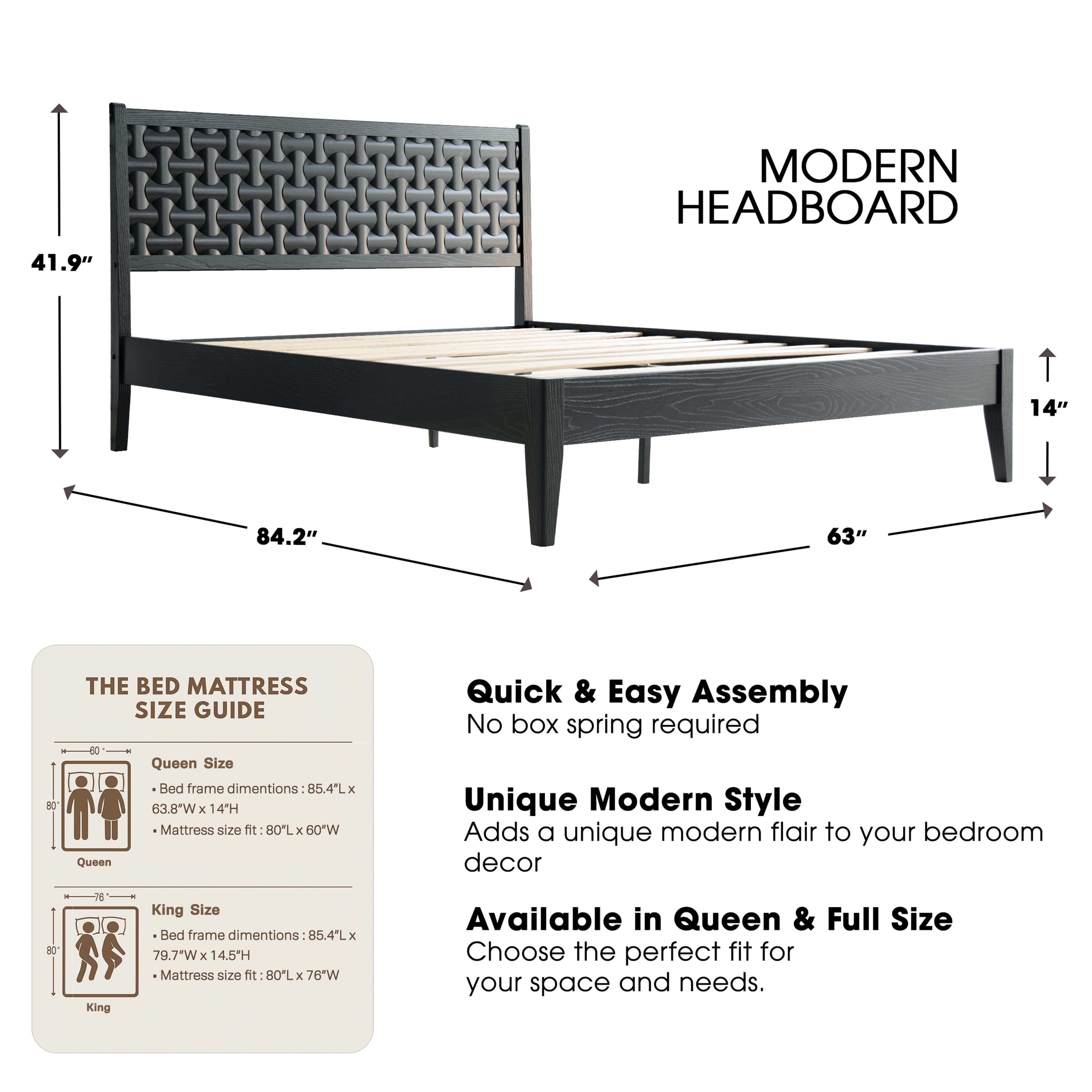 Queen Size Solid Wood Platform Bed Frame, Headboard & Footboard, Center Metal Legs, 12 Durable Slatted Structure, No Box Spring Needed, Noise-Free & Anti-Slip, Easy Assembly, Ebony Oak Finish, ORQ-35
