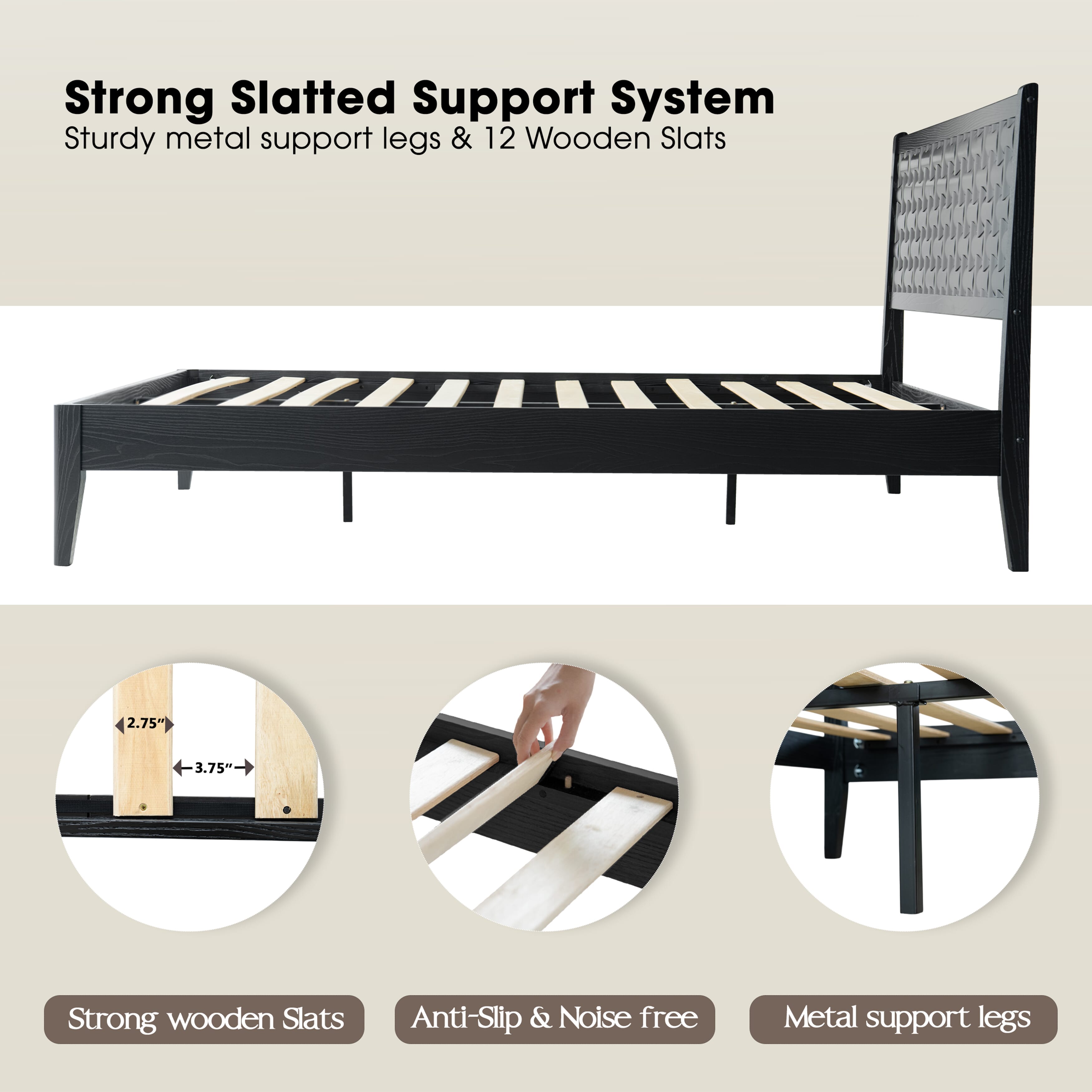 Queen Size Solid Wood Platform Bed Frame, Headboard & Footboard, Center Metal Legs, 12 Durable Slatted Structure, No Box Spring Needed, Noise-Free & Anti-Slip, Easy Assembly, Ebony Oak Finish, ORQ-35