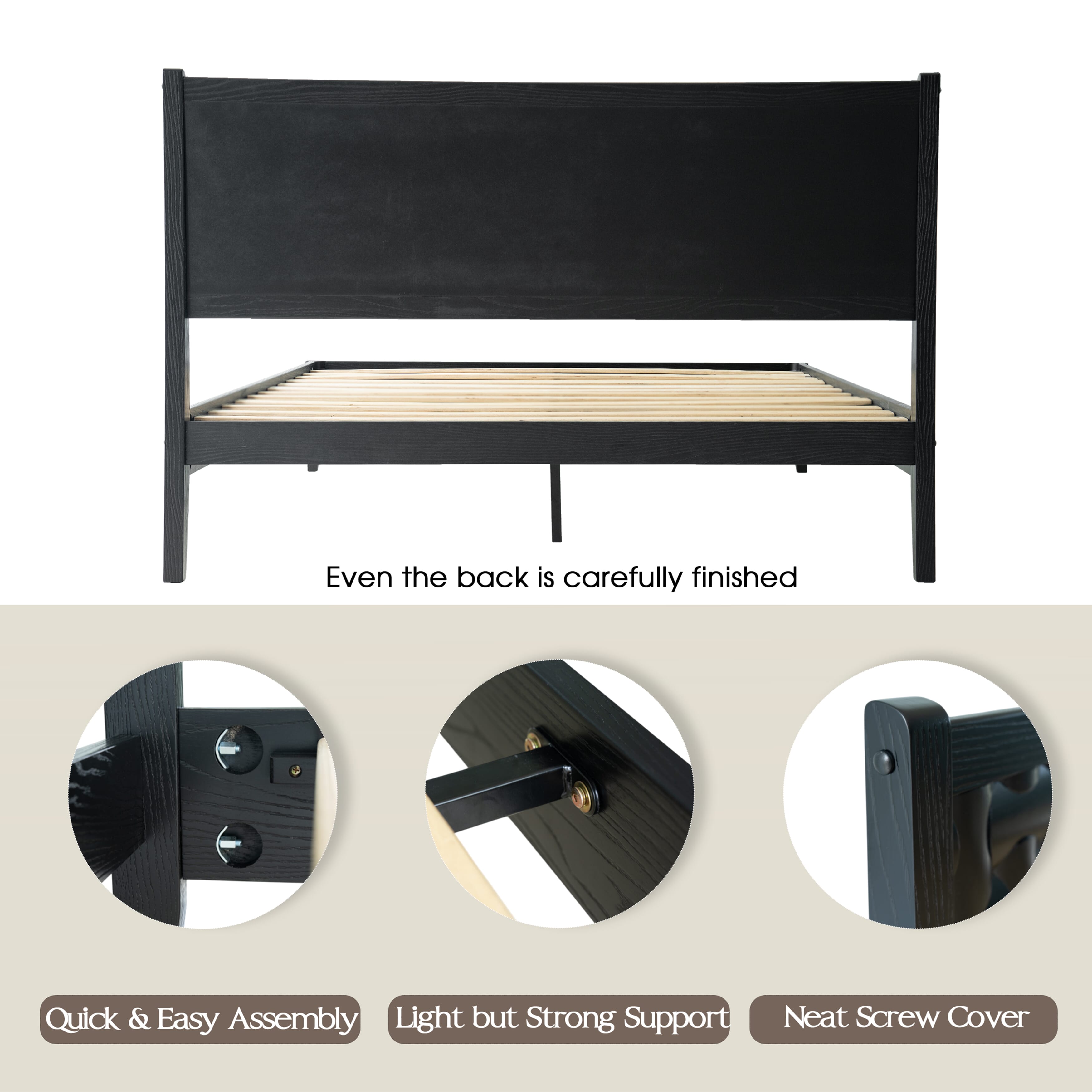 Queen Size Solid Wood Platform Bed Frame, Headboard & Footboard, Center Metal Legs, 12 Durable Slatted Structure, No Box Spring Needed, Noise-Free & Anti-Slip, Easy Assembly, Ebony Oak Finish, ORQ-35