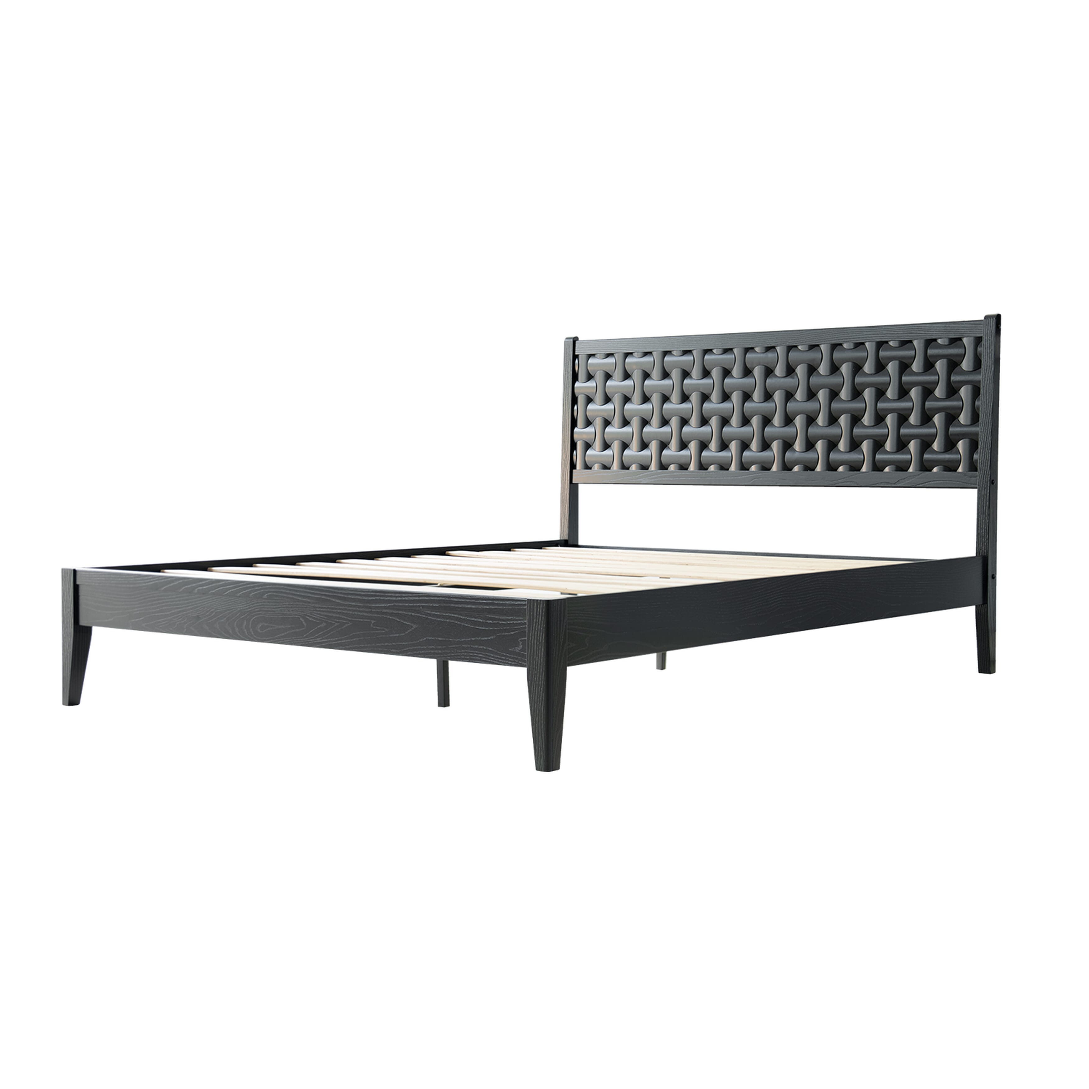 Queen Size Solid Wood Platform Bed Frame, Headboard & Footboard, Center Metal Legs, 12 Durable Slatted Structure, No Box Spring Needed, Noise-Free & Anti-Slip, Easy Assembly, Ebony Oak Finish, ORQ-35