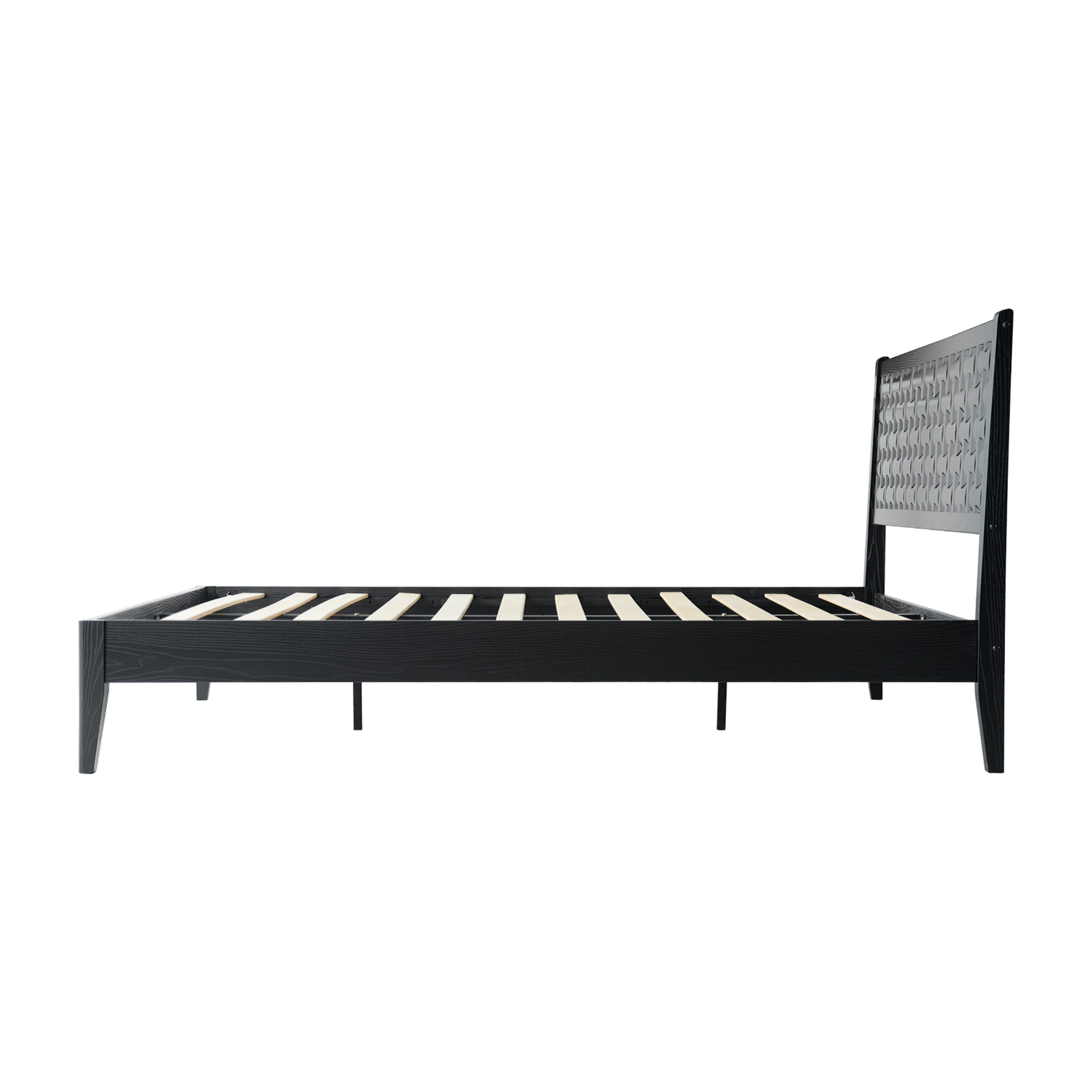 Queen Size Solid Wood Platform Bed Frame, Headboard & Footboard, Center Metal Legs, 12 Durable Slatted Structure, No Box Spring Needed, Noise-Free & Anti-Slip, Easy Assembly, Ebony Oak Finish, ORQ-35