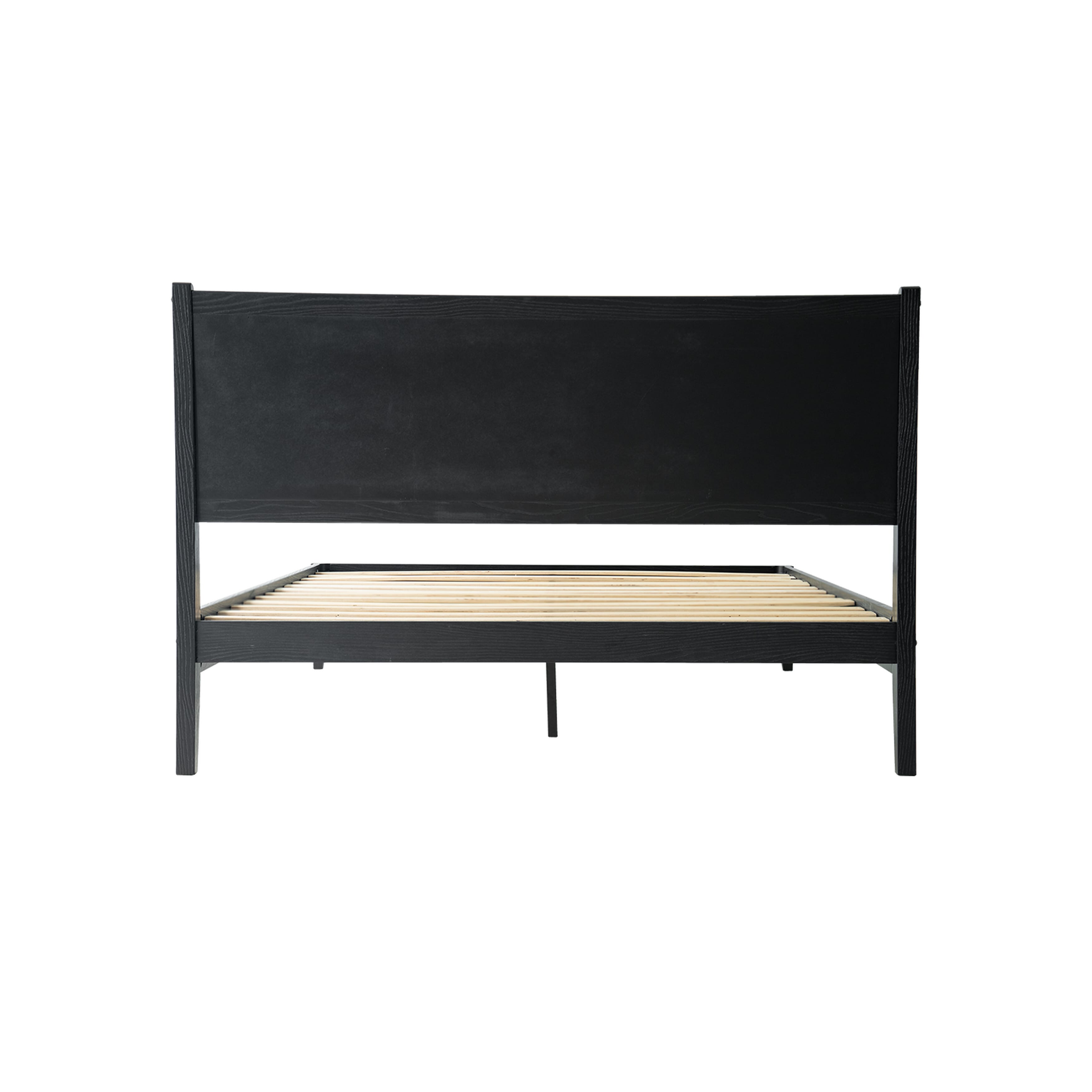 Queen Size Solid Wood Platform Bed Frame, Headboard & Footboard, Center Metal Legs, 12 Durable Slatted Structure, No Box Spring Needed, Noise-Free & Anti-Slip, Easy Assembly, Ebony Oak Finish, ORQ-35
