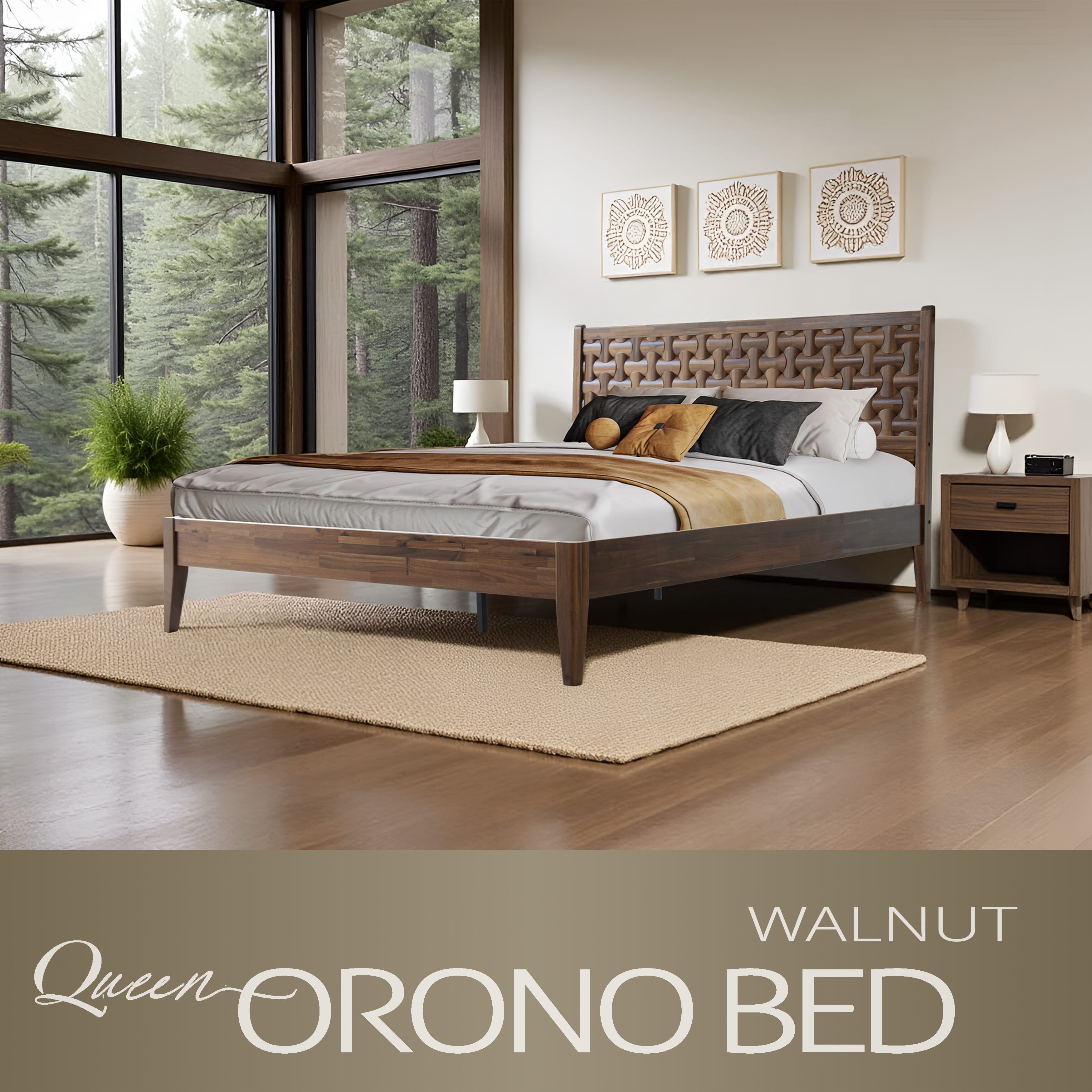 Queen Size Platform Bed with Headboard & Footboard, Solid Wood Bed Frame, Central Metal Legs, 12 Reinforced Slatted, Noise-Free & Anti-Slip, No Box Spring Needed, Easy Assembly, Walnut Finish, ORQ-37