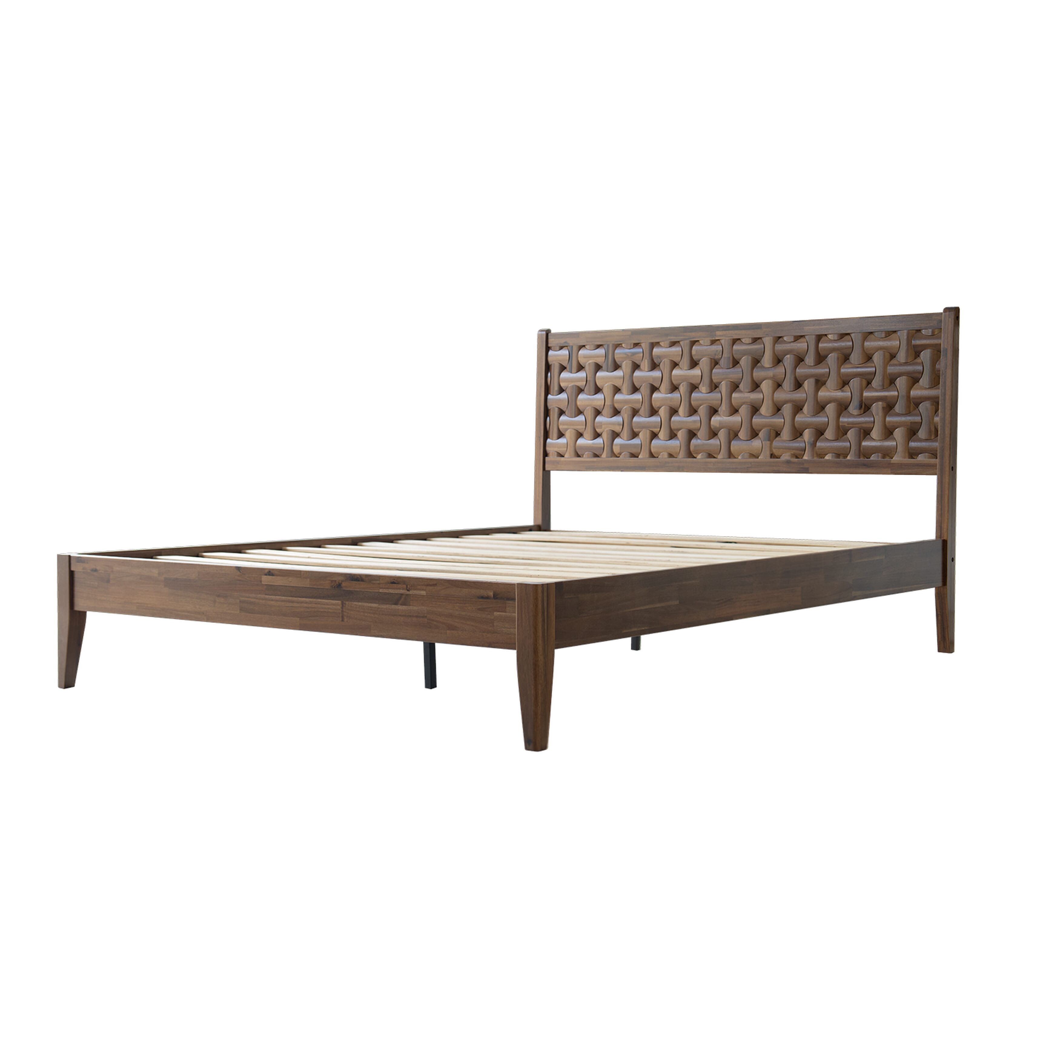 Queen Size Platform Bed with Headboard & Footboard, Solid Wood Bed Frame, Central Metal Legs, 12 Reinforced Slatted, Noise-Free & Anti-Slip, No Box Spring Needed, Easy Assembly, Walnut Finish, ORQ-37