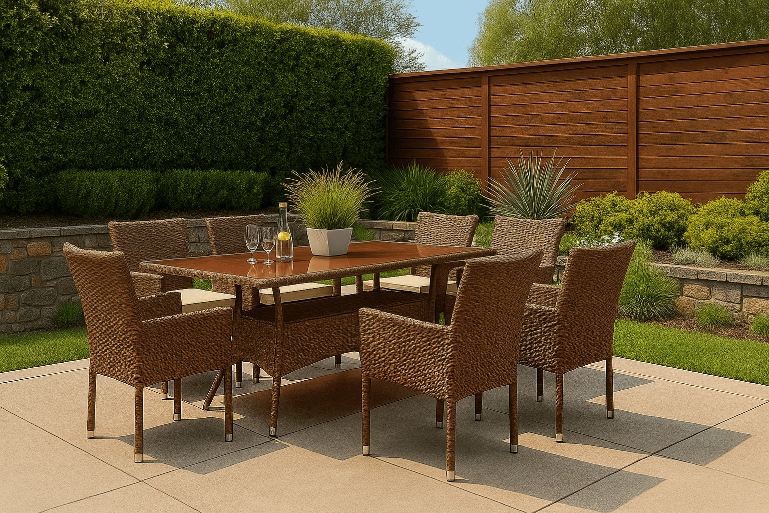 Los juegos de muebles de patio de mimbre para exterior East West Furniture OSBK7-02A de 7 piezas constan de una mesa de bistró rectangular con tapa de vidrio y 6 sillones de balcón con cojín.