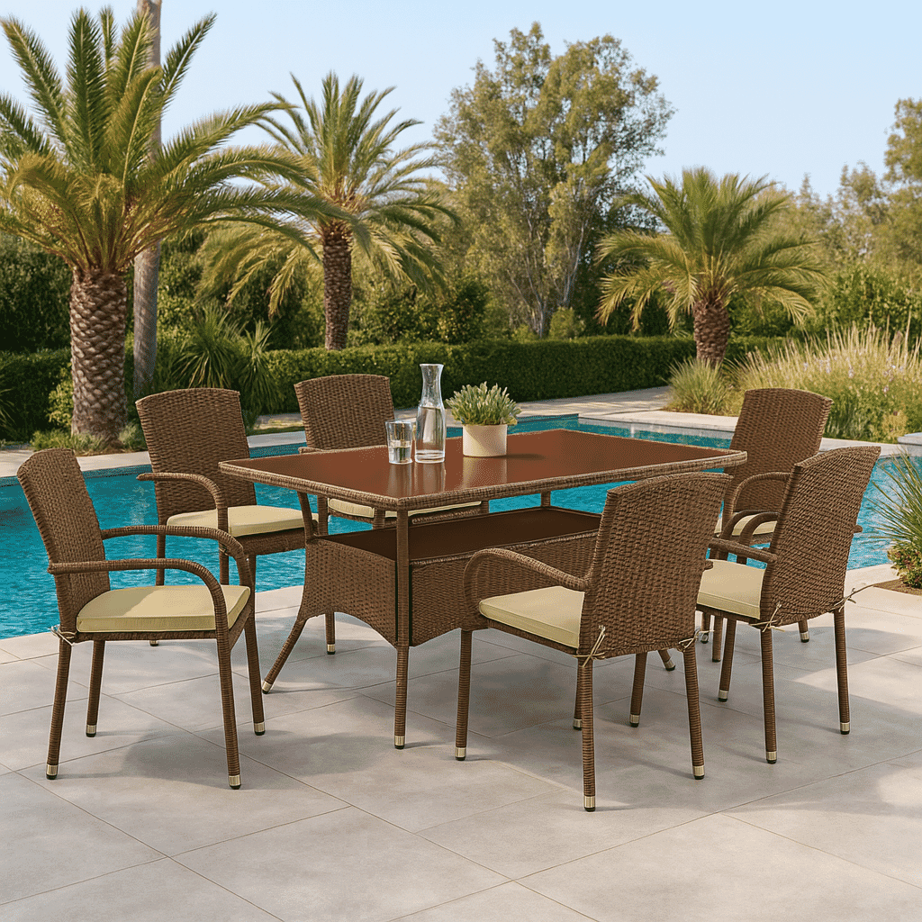 Los juegos de muebles de patio de mimbre para exterior OSJU7-02A de East West Furniture, de 7 piezas, constan de una mesa de comedor tipo bistró rectangular con cubierta de vidrio y 6 sillones de balcón con cojín.