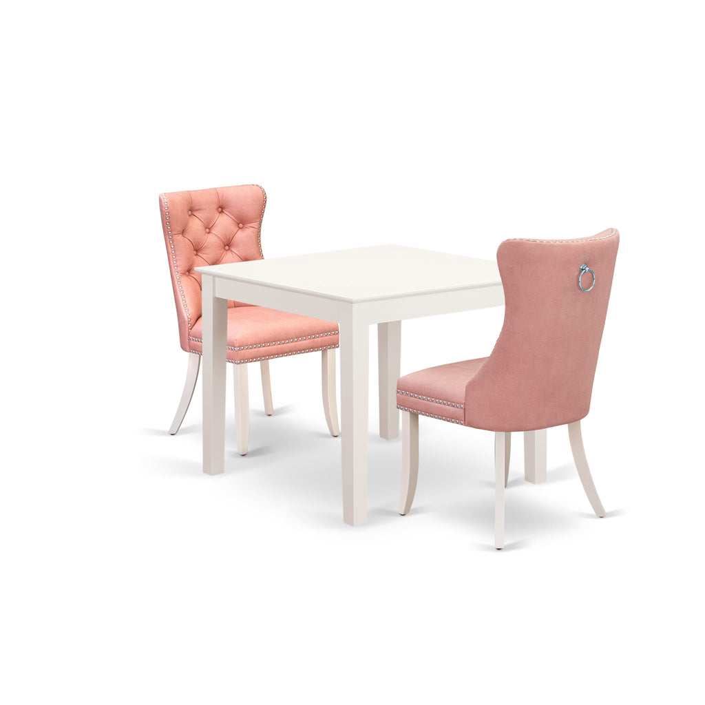 East West Furniture OXDA3-LWH-23 3 Piece Dining Room Table Set Includes a Square Kitchen Table and 2 Upholstered Parson Chairs