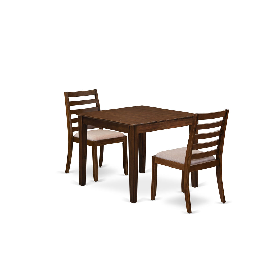 East West Furniture OXX13-AWA-04 3-piece Dining Room Table Set consists of a square Kitchen Table and 2 Light Tan Linen Fabric stackable Chair