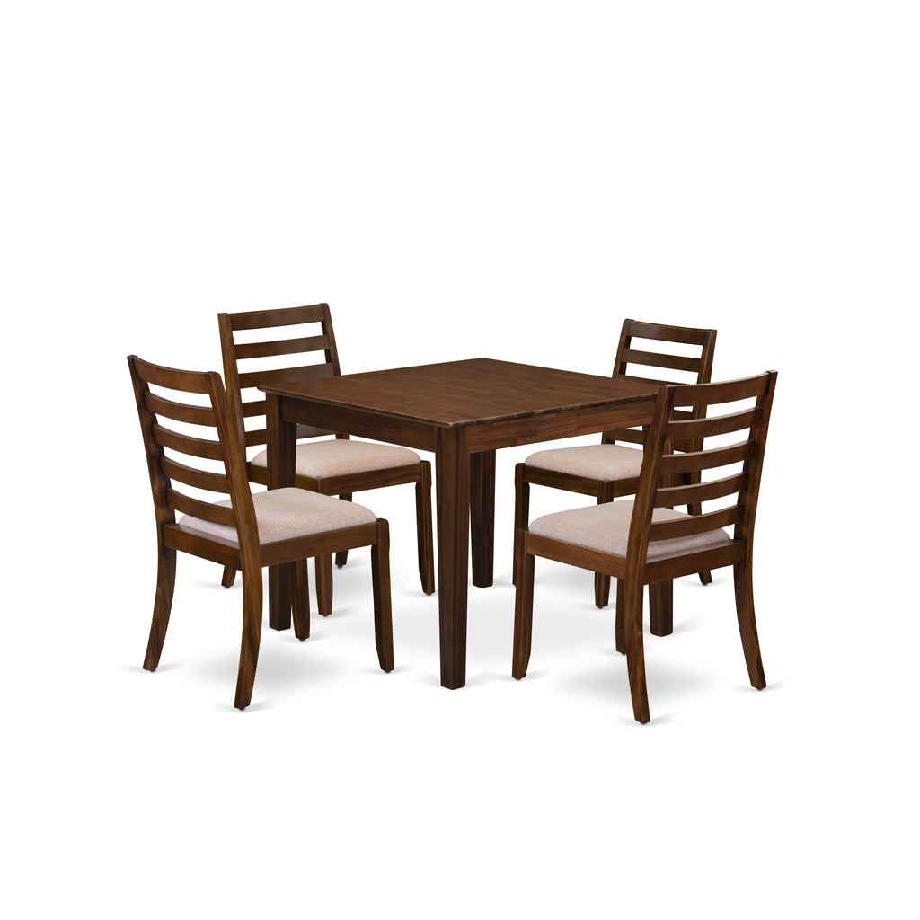 East West Furniture OXX15-AWA-04 5-piece Kitchen Table set included a square Kitchen Table and 4 Light Tan Linen Fabric stackable Chair