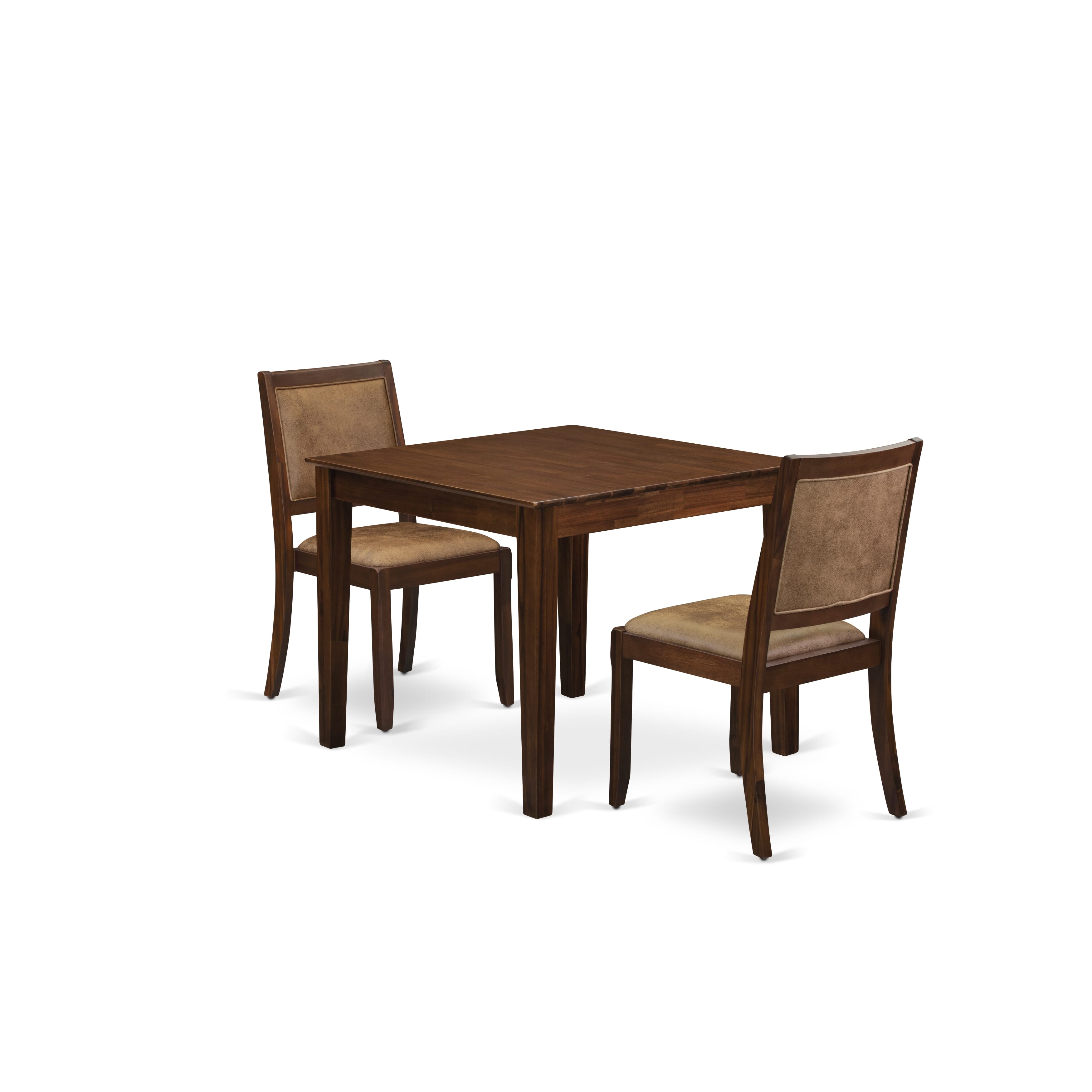 OXX23-AWA-28 3-pc Dining Set consists of a square Table and 2 Brown Texture Faux leather stackable Chair, Antique Walnut Finish.