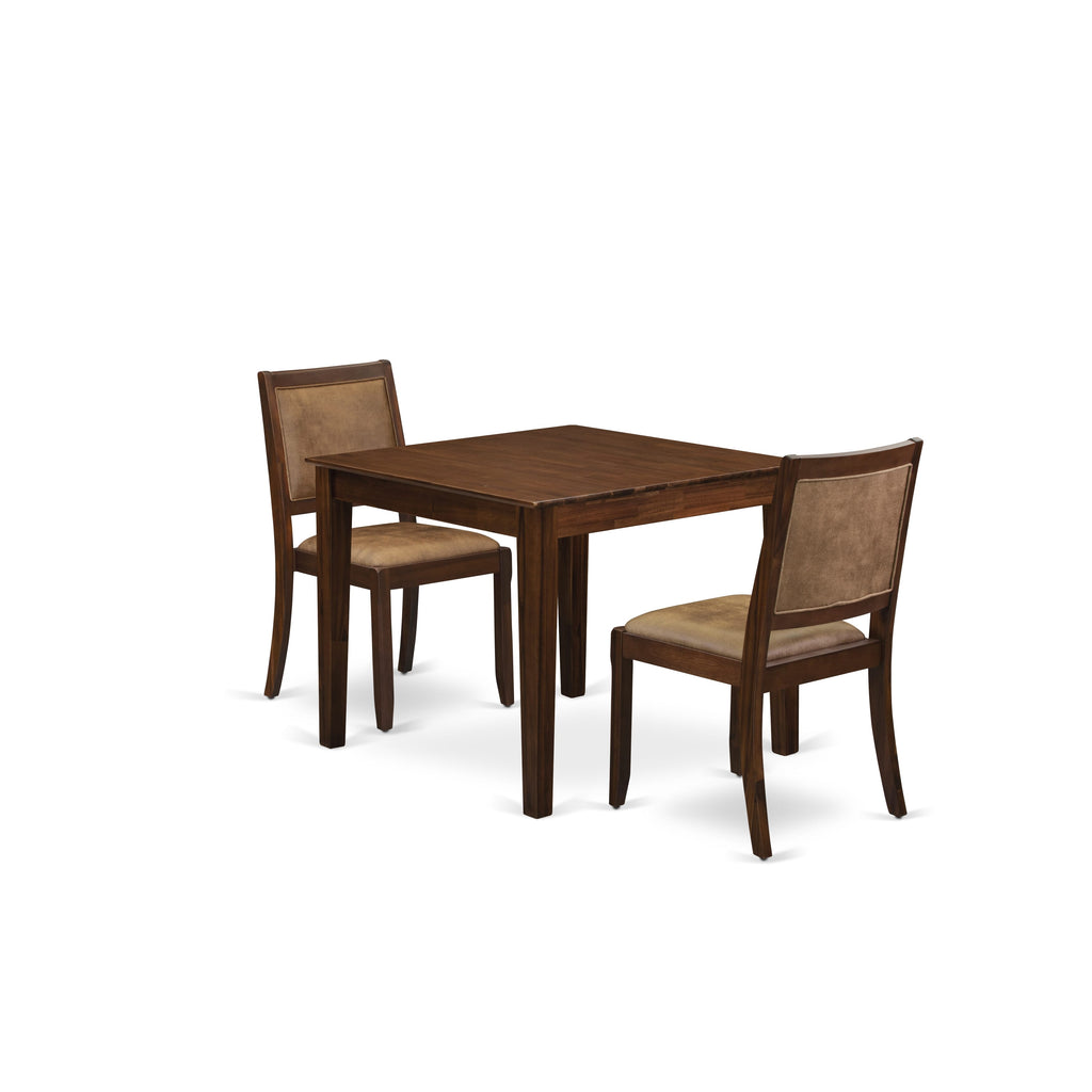 East West Furniture OXX23-AWA-28 3-piece Dining Room Table Set consists of a square Kitchen Table and 2 Brown Texture Faux leather stackable Chair