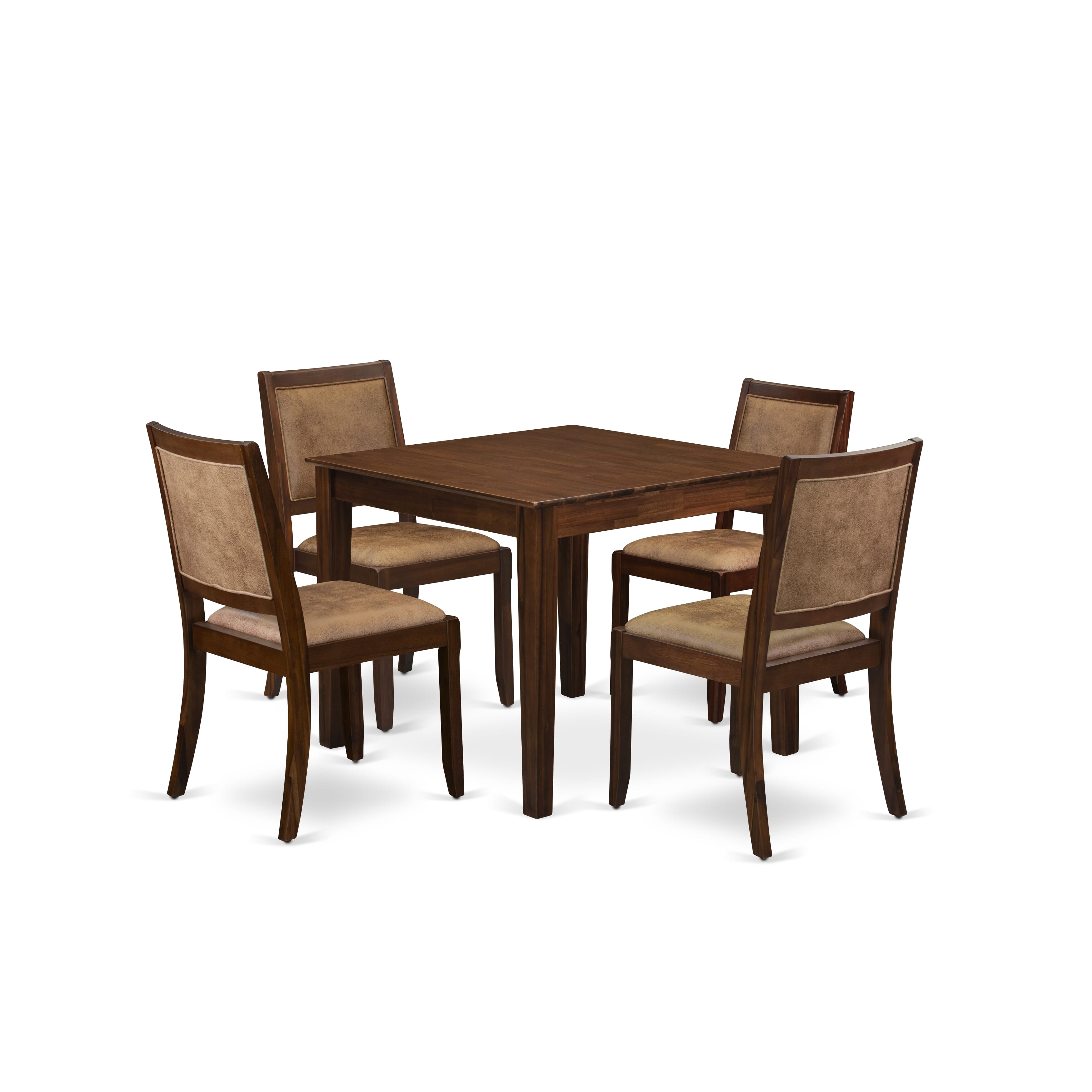 OXX25-AWA-28 5-pc Kitchen set consists of a square Table and 4 Brown Texture Faux leather stackable Chair, Antique Walnut Finish.