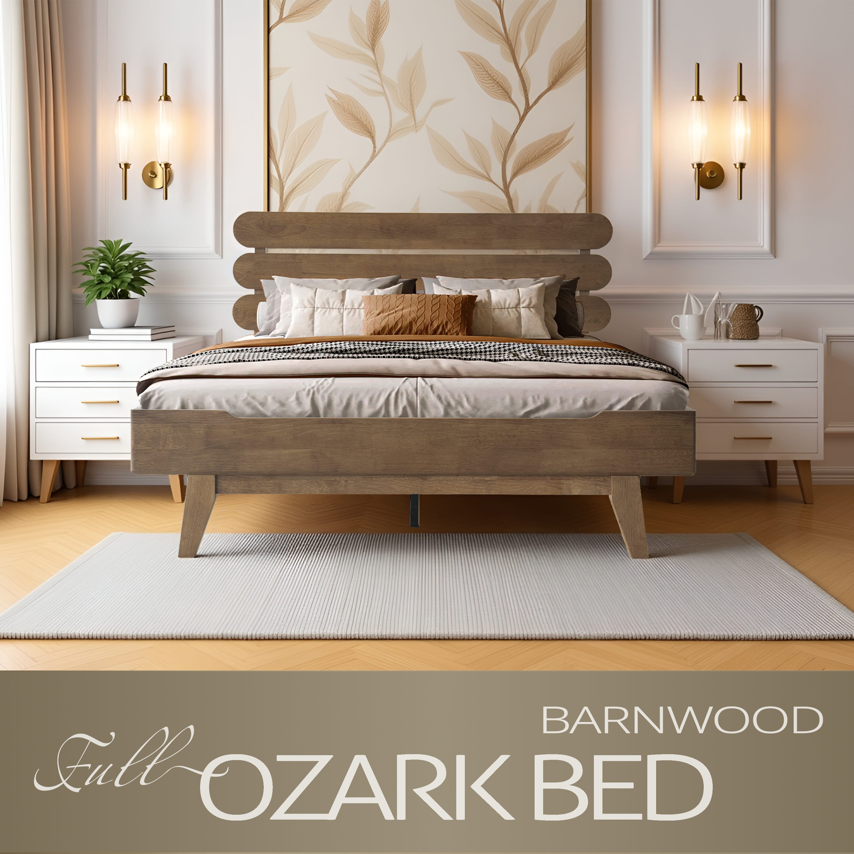 Full Size Solid Wood Platform Bed Frame with Headboard & Footboard, 12 Strong Slats Structure, Metal Legs, Anti-Slip & Noise-Free, Easy Assembly, No Box Spring Needed, Barnwood Finish, OZF-30