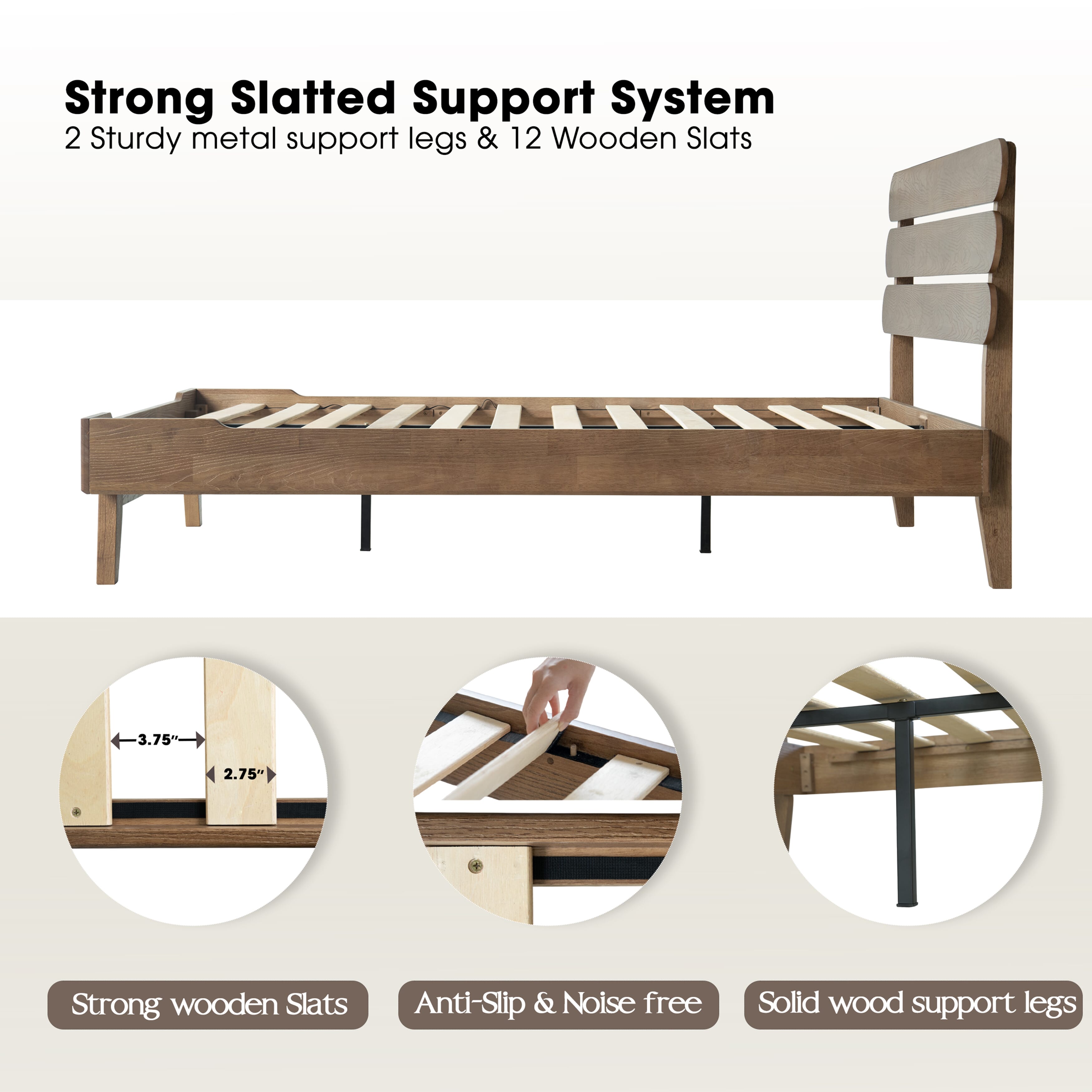 Full Size Solid Wood Platform Bed Frame with Headboard & Footboard, 12 Strong Slats Structure, Metal Legs, Anti-Slip & Noise-Free, Easy Assembly, No Box Spring Needed, Barnwood Finish, OZF-30