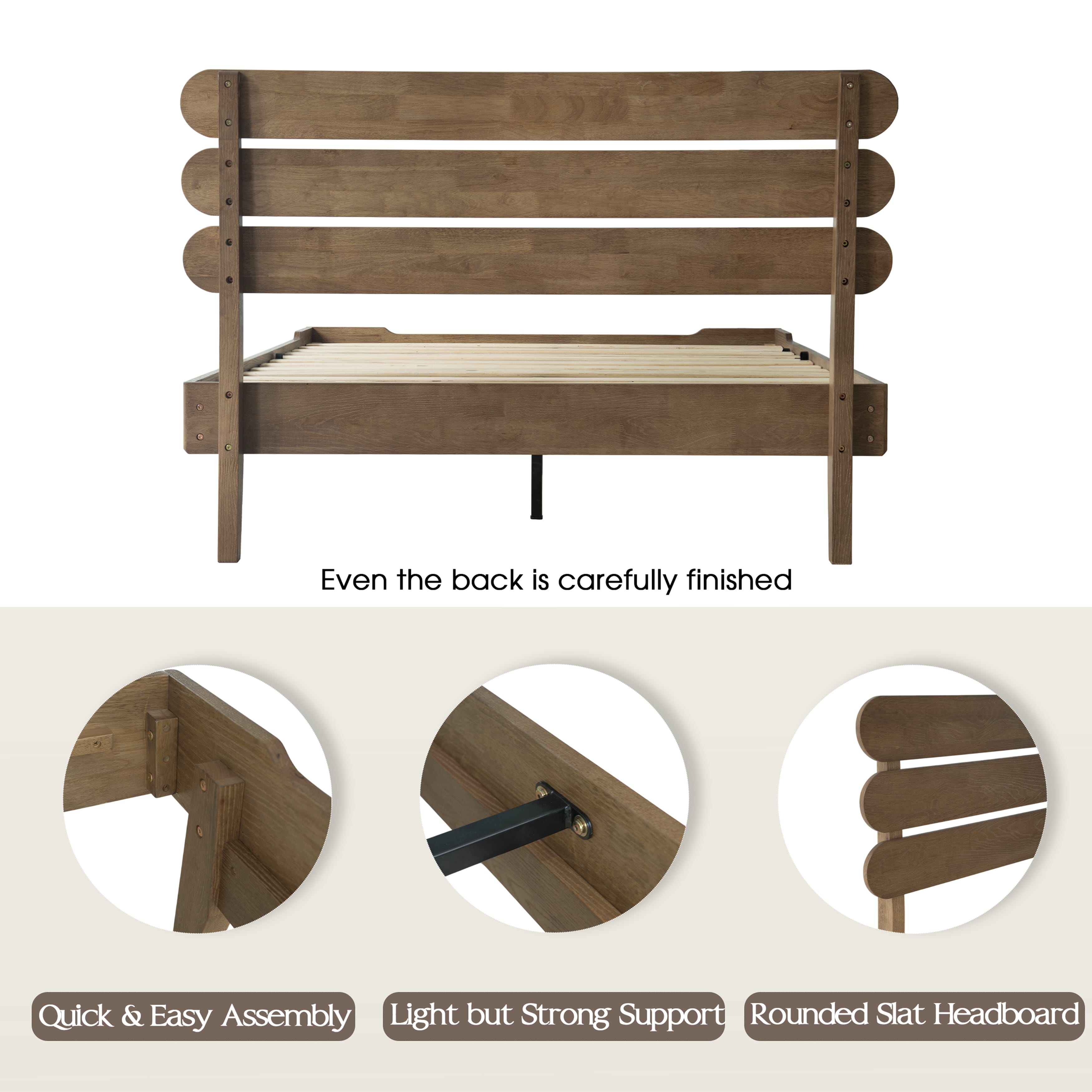 Full Size Solid Wood Platform Bed Frame with Headboard & Footboard, 12 Strong Slats Structure, Metal Legs, Anti-Slip & Noise-Free, Easy Assembly, No Box Spring Needed, Barnwood Finish, OZF-30