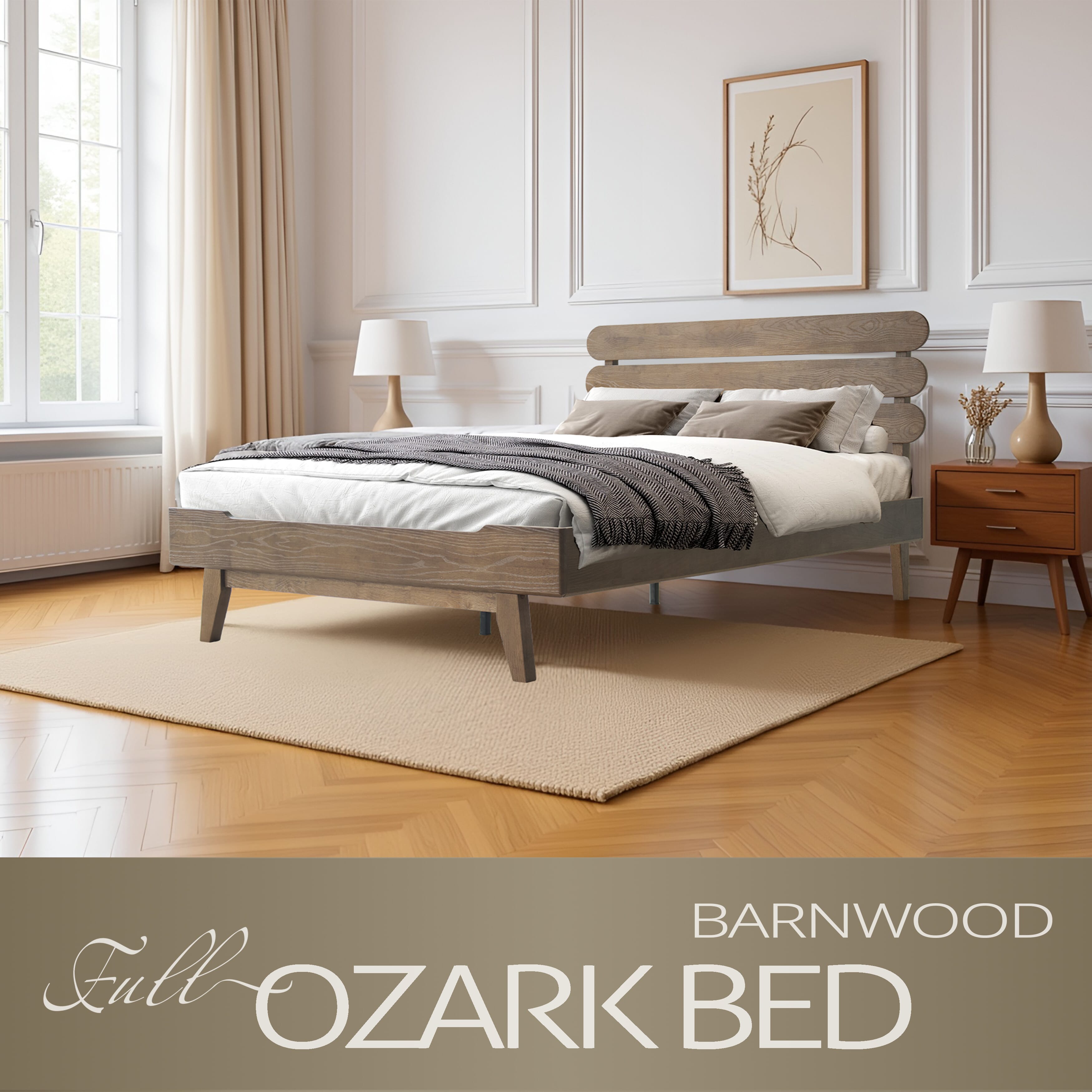 Full Size Solid Wood Platform Bed Frame with Headboard & Footboard, 12 Strong Slats Structure, Metal Legs, Anti-Slip & Noise-Free, Easy Assembly, No Box Spring Needed, Barnwood Finish, OZF-30