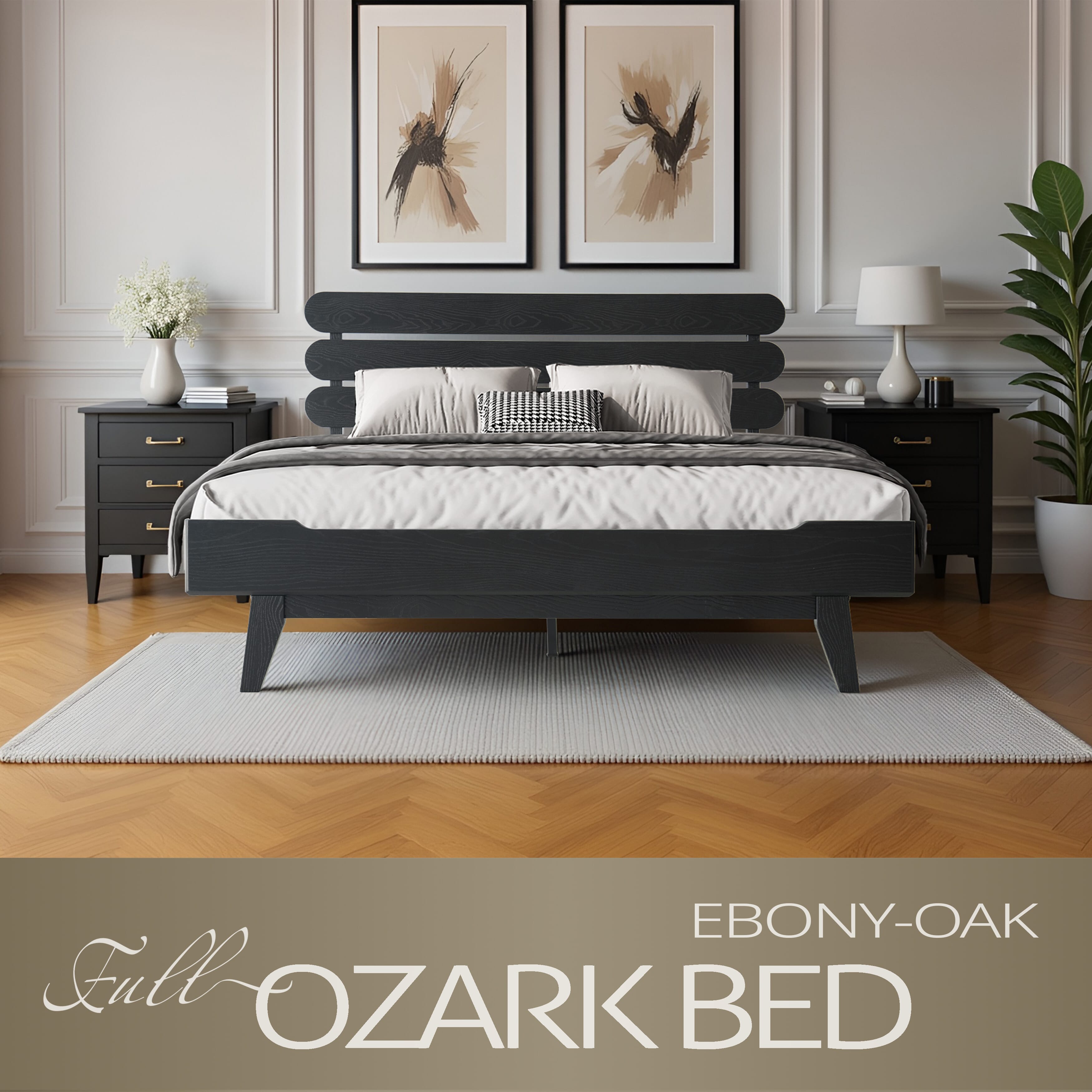 Full Size Bed Frame, Solid Wood Platform Bed with Headboard & Footboard, 12 Strong Slatted Design with Central Metal Legs, Noise-Free & Anti-Slip, No Box Spring Needed, Ebony Oak Finish, OZF-35