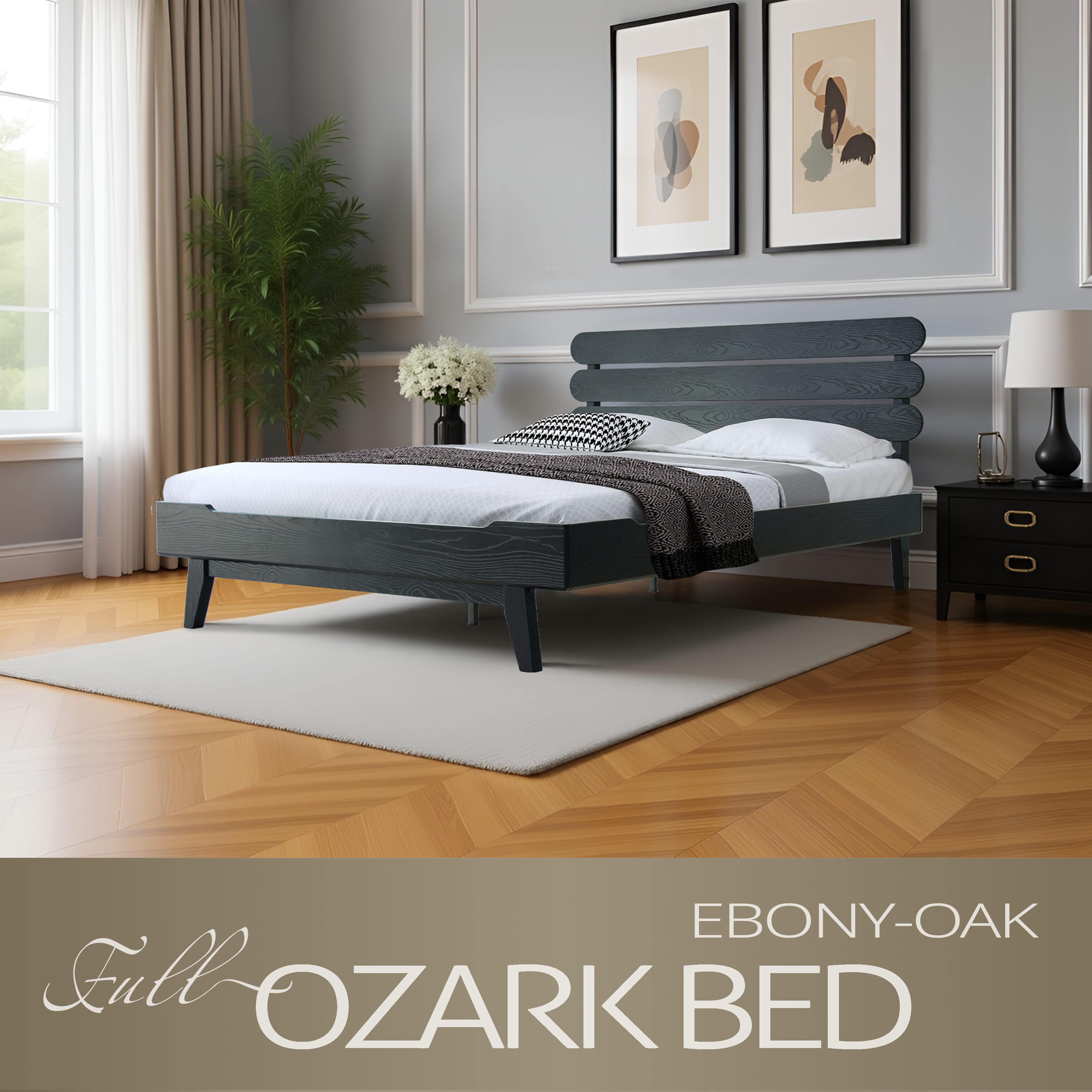 Full Size Bed Frame, Solid Wood Platform Bed with Headboard & Footboard, 12 Strong Slatted Design with Central Metal Legs, Noise-Free & Anti-Slip, No Box Spring Needed, Ebony Oak Finish, OZF-35