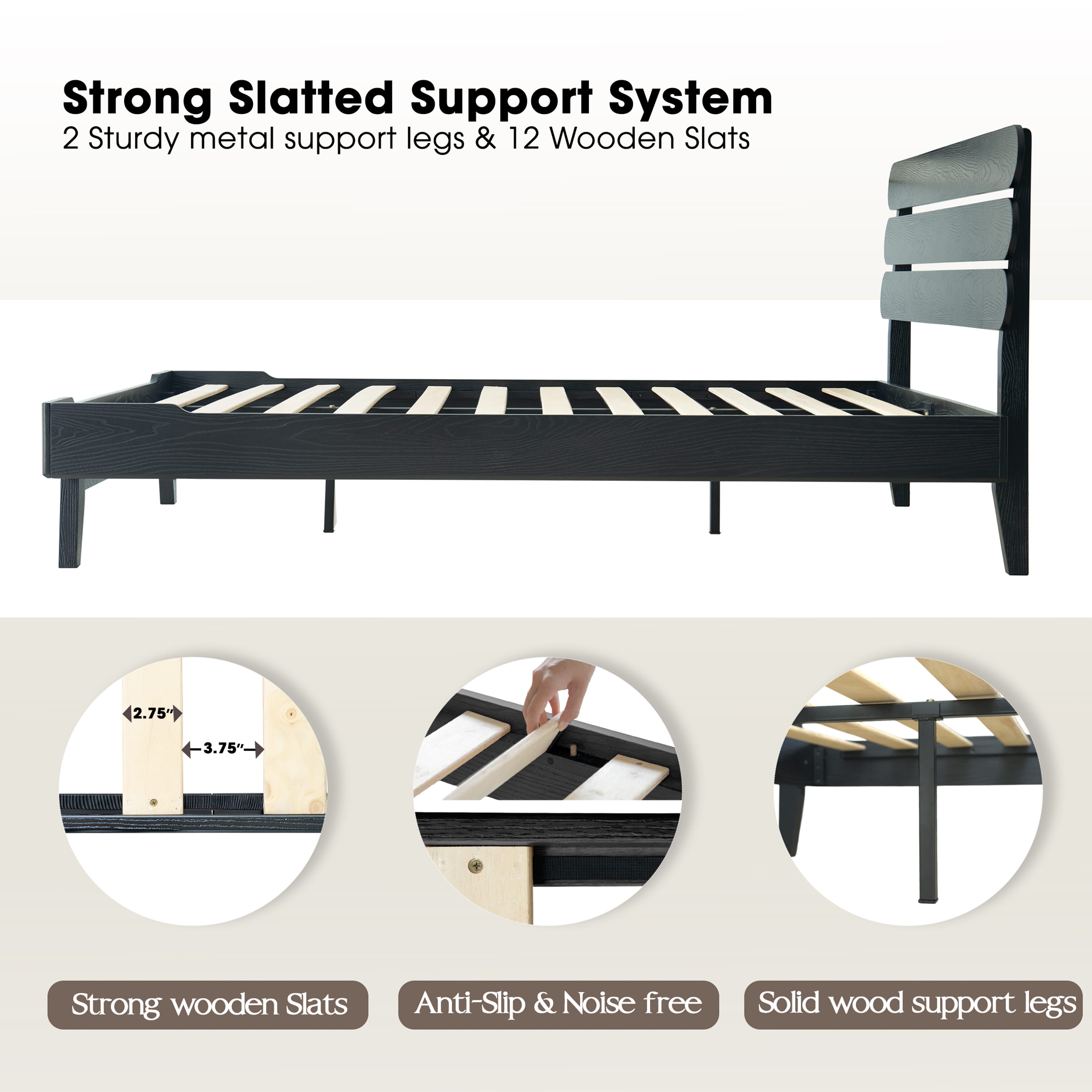Full Size Bed Frame, Solid Wood Platform Bed with Headboard & Footboard, 12 Strong Slatted Design with Central Metal Legs, Noise-Free & Anti-Slip, No Box Spring Needed, Ebony Oak Finish, OZF-35