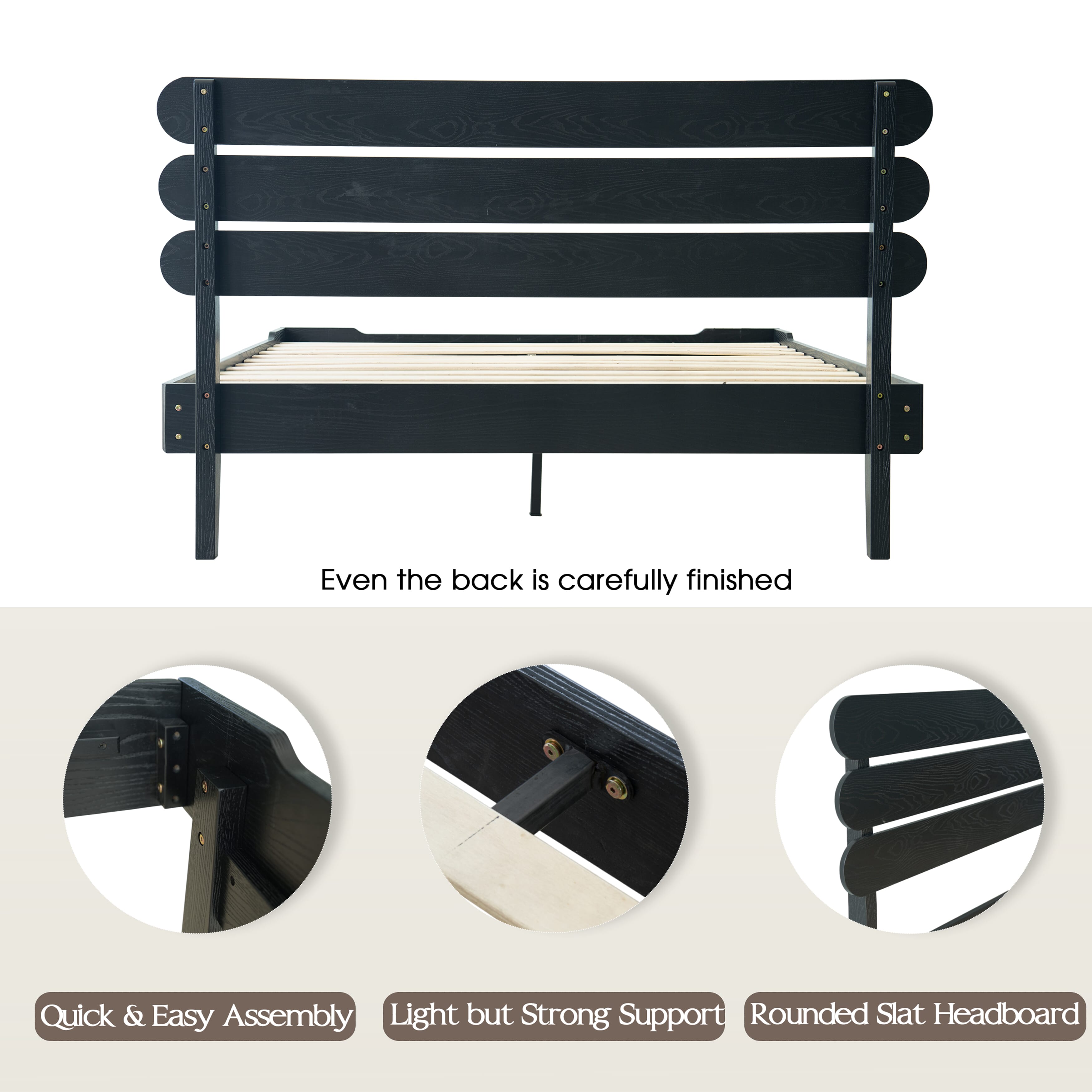 Full Size Bed Frame, Solid Wood Platform Bed with Headboard & Footboard, 12 Strong Slatted Design with Central Metal Legs, Noise-Free & Anti-Slip, No Box Spring Needed, Ebony Oak Finish, OZF-35