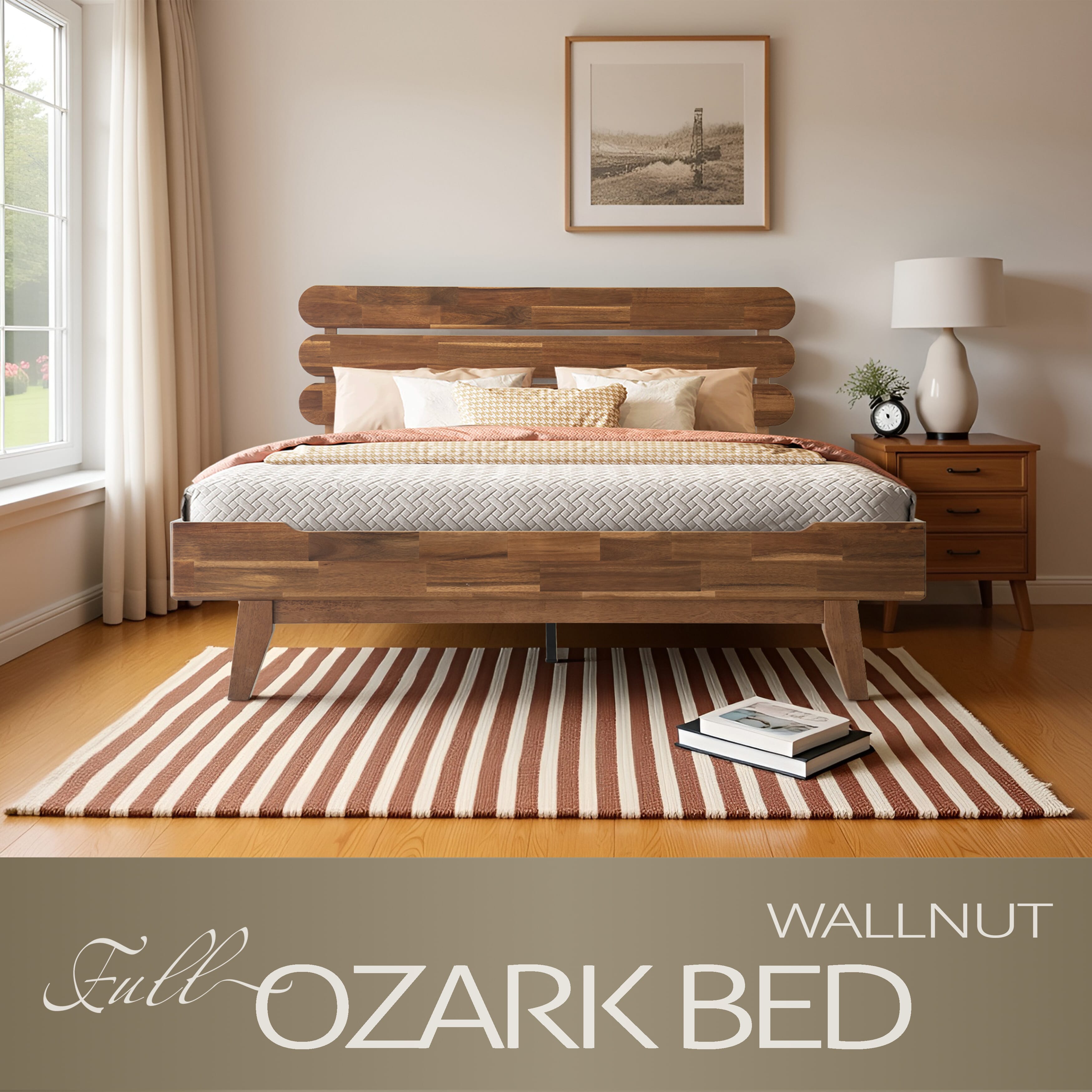 Full Size Solid Wood Platform Bed Frame, Headboard & Footboard, 12 Heavy-Duty Slatted Base, Center Metal Legs, Easy Assembly, No Box Spring Needed, Anti-Slip & Noise-Free, Walnut Finish, OZF-37