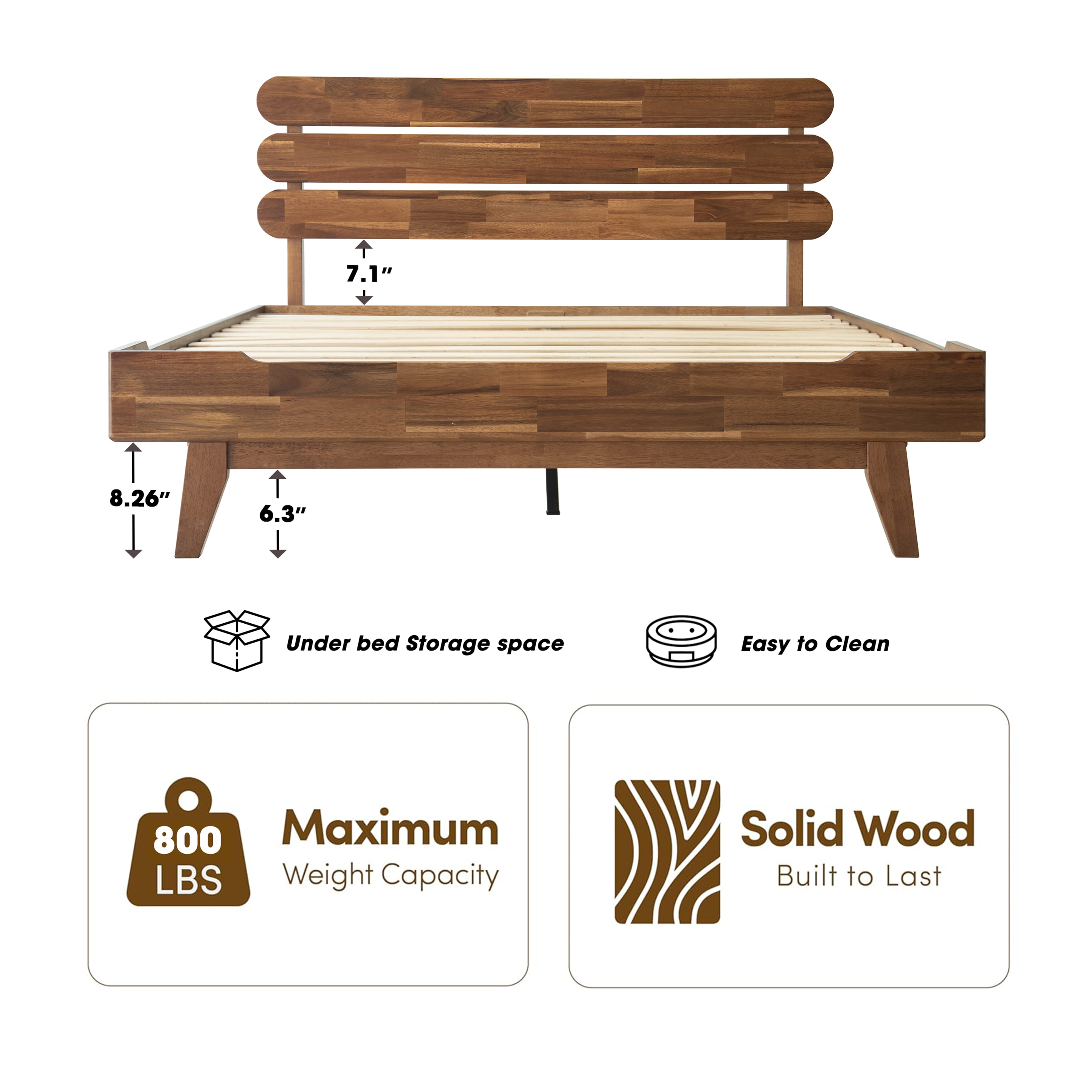 Full Size Solid Wood Platform Bed Frame, Headboard & Footboard, 12 Heavy-Duty Slatted Base, Center Metal Legs, Easy Assembly, No Box Spring Needed, Anti-Slip & Noise-Free, Walnut Finish, OZF-37