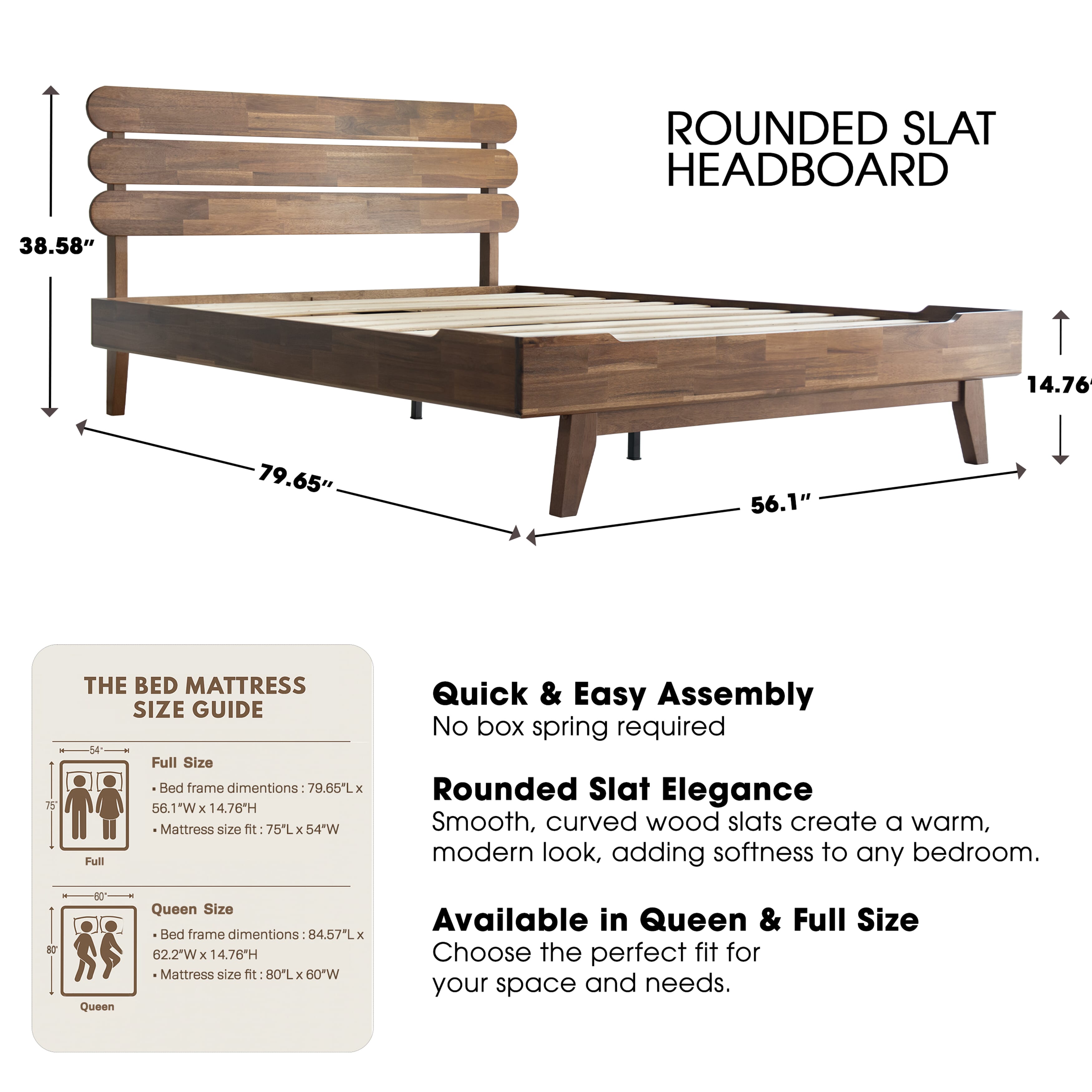 Full Size Solid Wood Platform Bed Frame, Headboard & Footboard, 12 Heavy-Duty Slatted Base, Center Metal Legs, Easy Assembly, No Box Spring Needed, Anti-Slip & Noise-Free, Walnut Finish, OZF-37