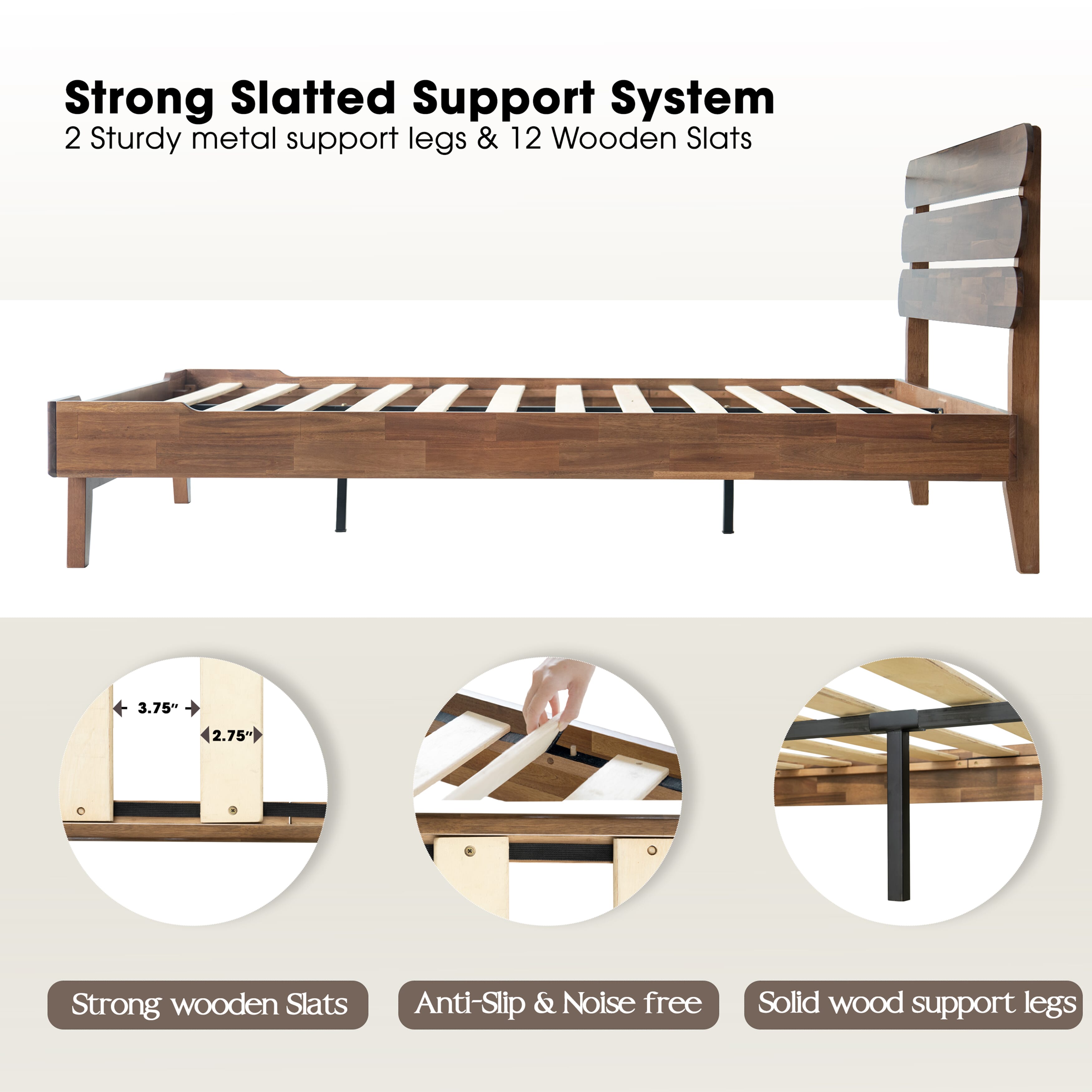 Full Size Solid Wood Platform Bed Frame, Headboard & Footboard, 12 Heavy-Duty Slatted Base, Center Metal Legs, Easy Assembly, No Box Spring Needed, Anti-Slip & Noise-Free, Walnut Finish, OZF-37