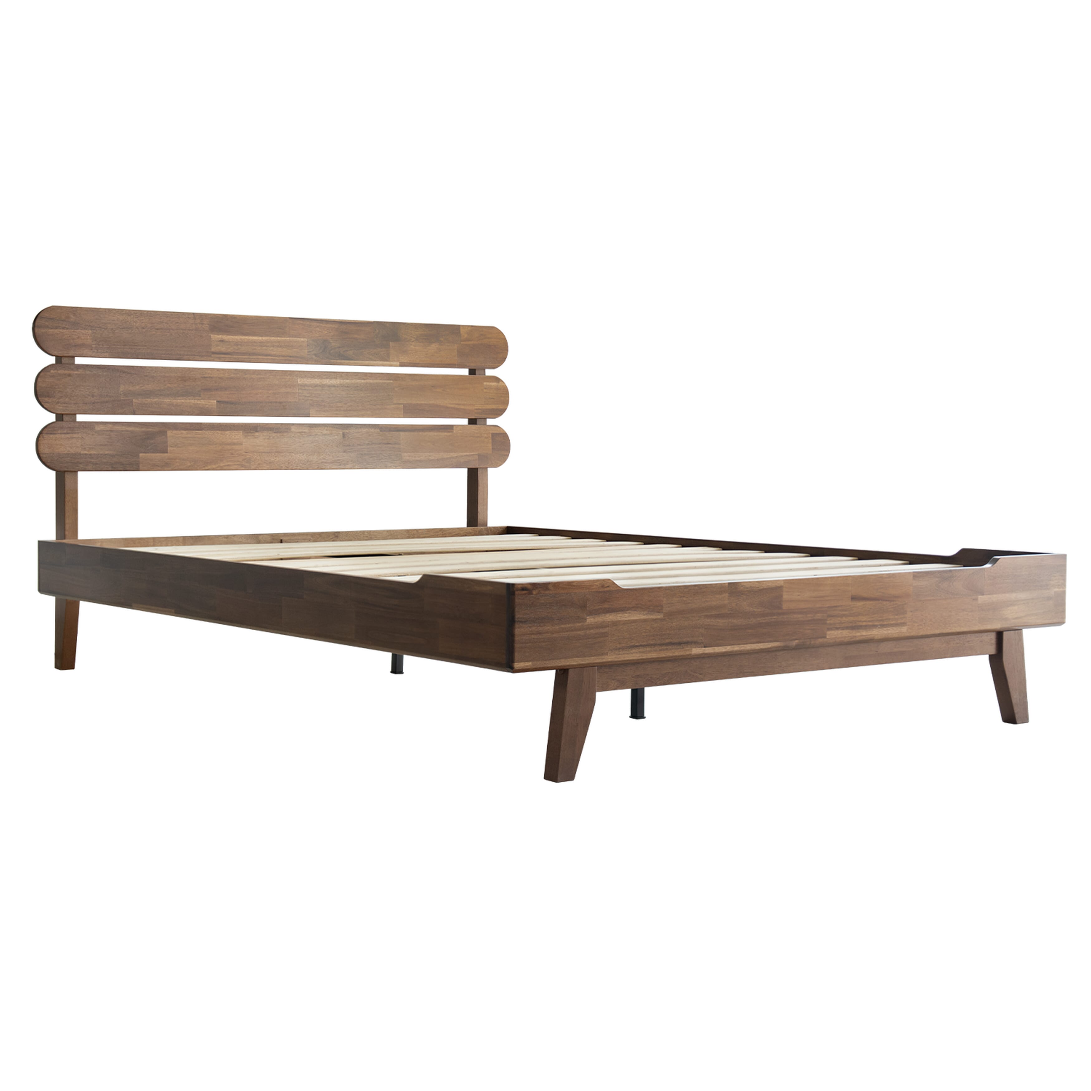 Full Size Solid Wood Platform Bed Frame, Headboard & Footboard, 12 Heavy-Duty Slatted Base, Center Metal Legs, Easy Assembly, No Box Spring Needed, Anti-Slip & Noise-Free, Walnut Finish, OZF-37