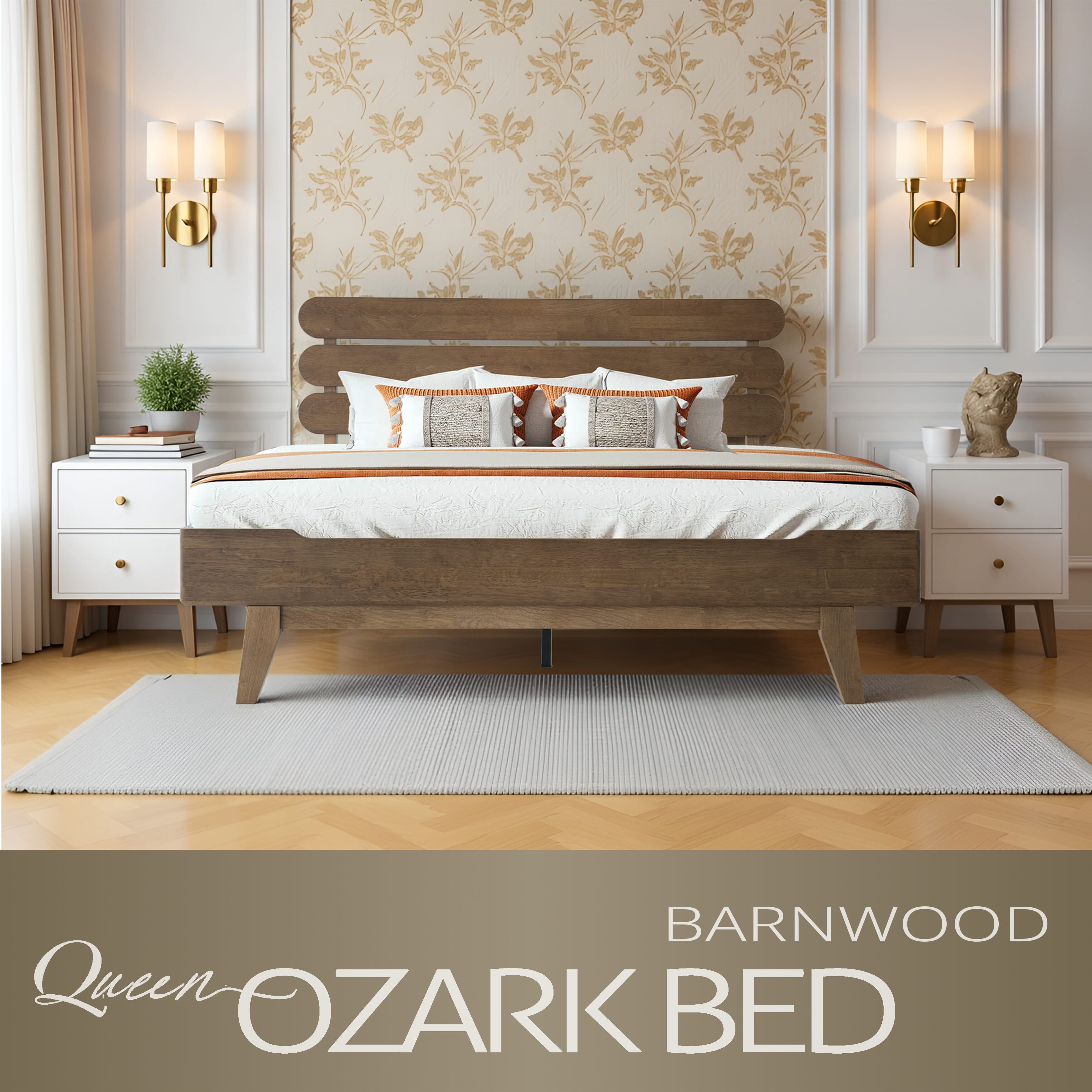 Queen Size Bed Frame with Headboard & Footboard Solid Wood Platform Bed, Center Metal Legs, 12 Sturdy Slatted Base, Easy Assembly, No Box Spring Needed, Anti-Noise & Slip-Free, Barnwood Finish, OZQ-30