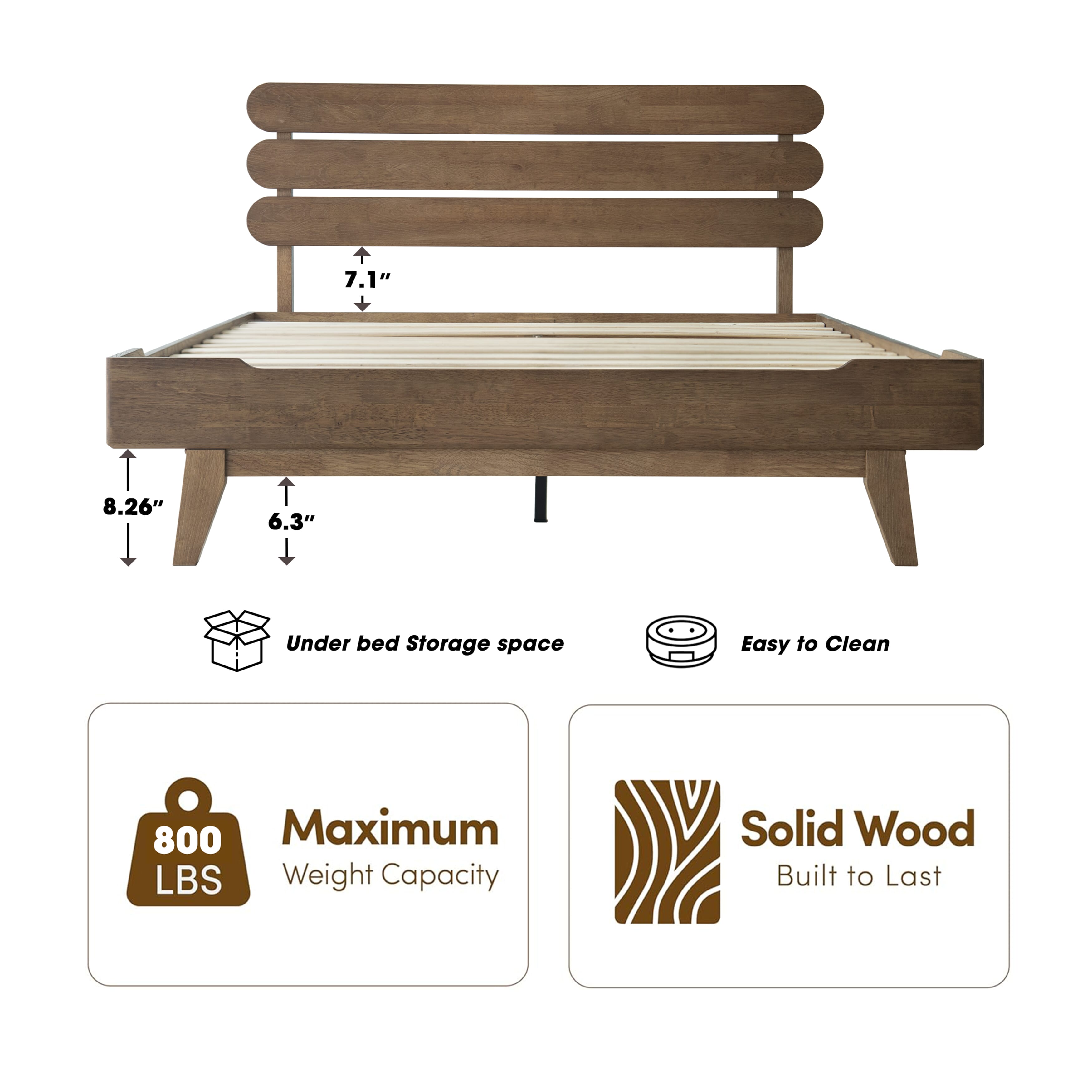 Queen Size Bed Frame with Headboard & Footboard Solid Wood Platform Bed, Center Metal Legs, 12 Sturdy Slatted Base, Easy Assembly, No Box Spring Needed, Anti-Noise & Slip-Free, Barnwood Finish, OZQ-30