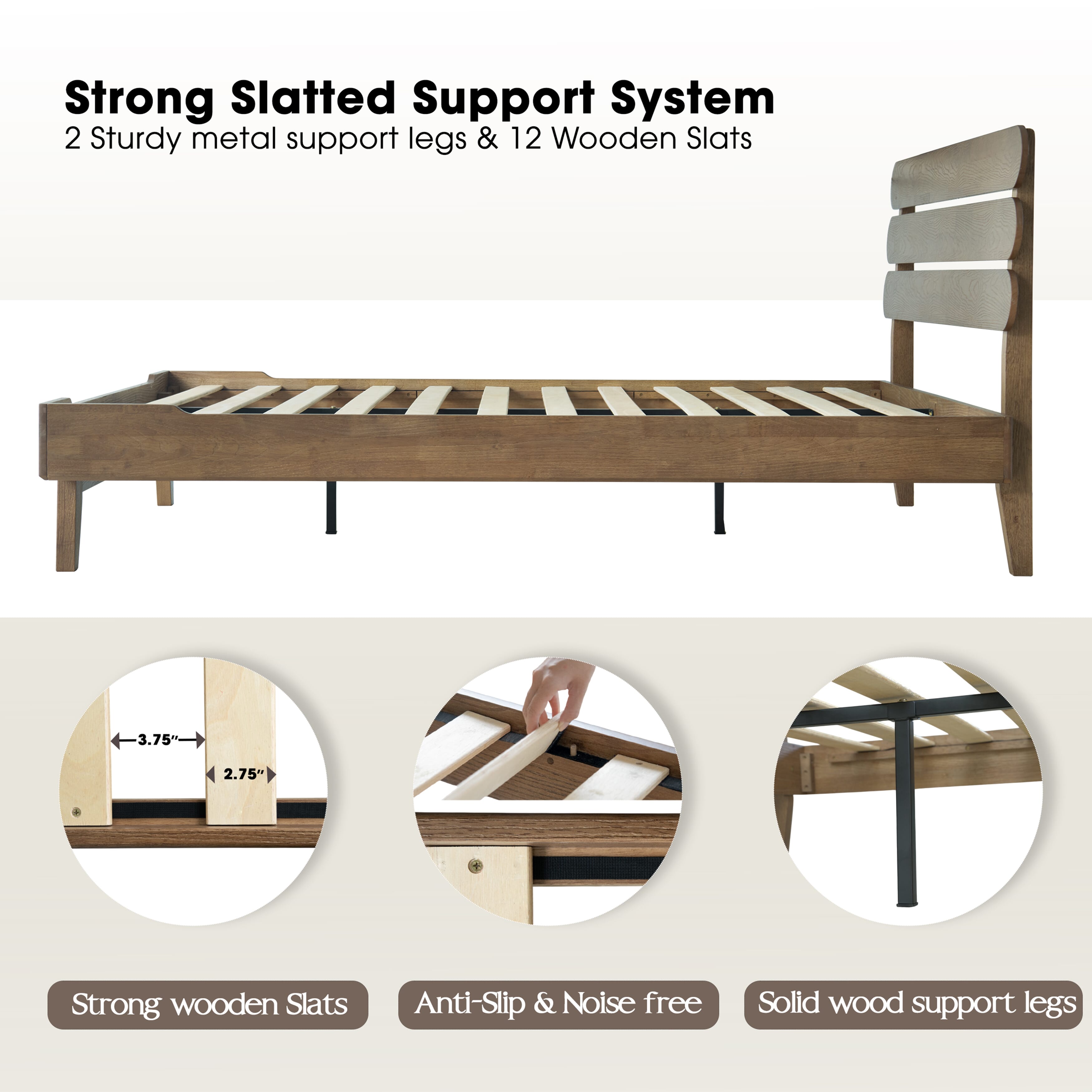 Queen Size Bed Frame with Headboard & Footboard Solid Wood Platform Bed, Center Metal Legs, 12 Sturdy Slatted Base, Easy Assembly, No Box Spring Needed, Anti-Noise & Slip-Free, Barnwood Finish, OZQ-30