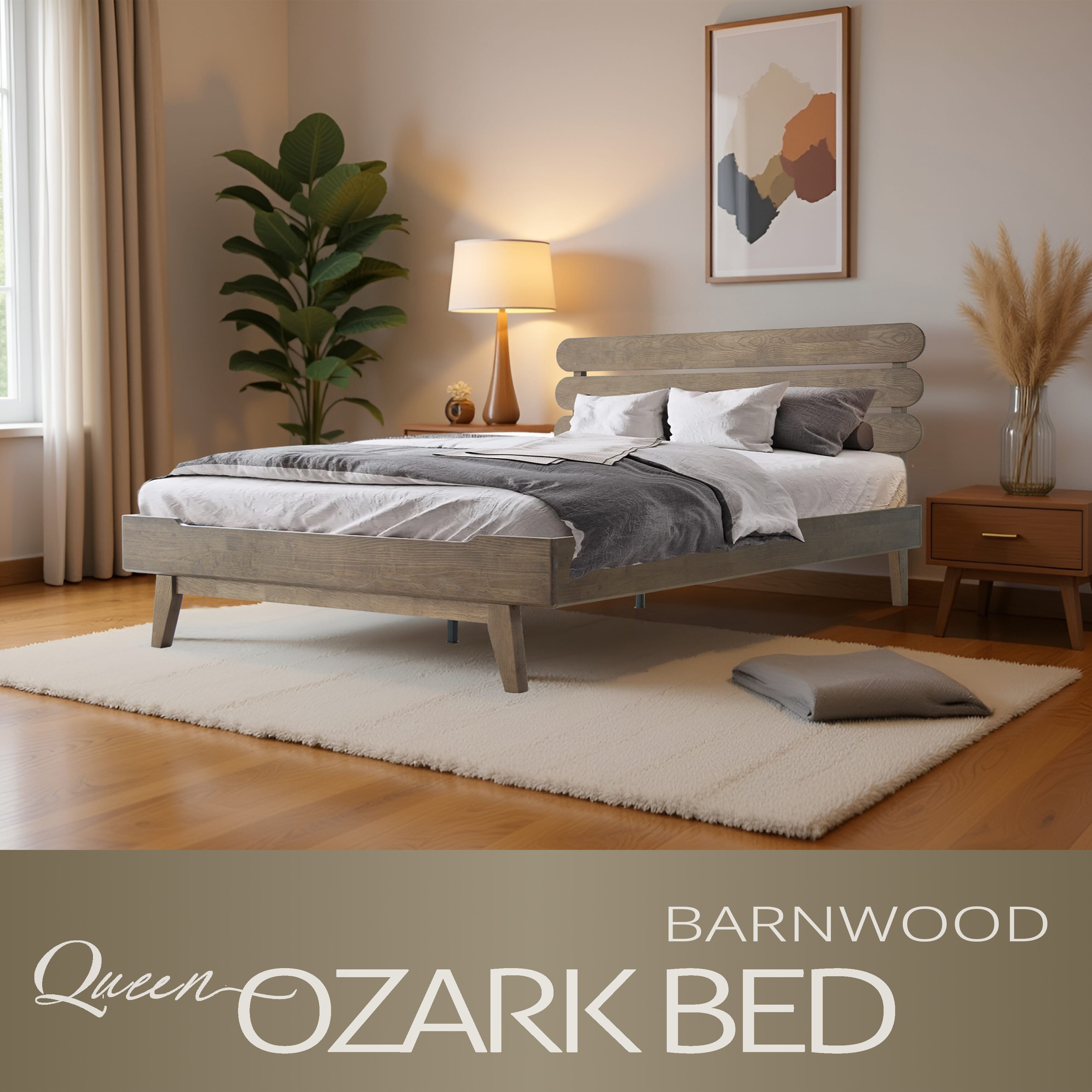 Queen Size Bed Frame with Headboard & Footboard Solid Wood Platform Bed, Center Metal Legs, 12 Sturdy Slatted Base, Easy Assembly, No Box Spring Needed, Anti-Noise & Slip-Free, Barnwood Finish, OZQ-30