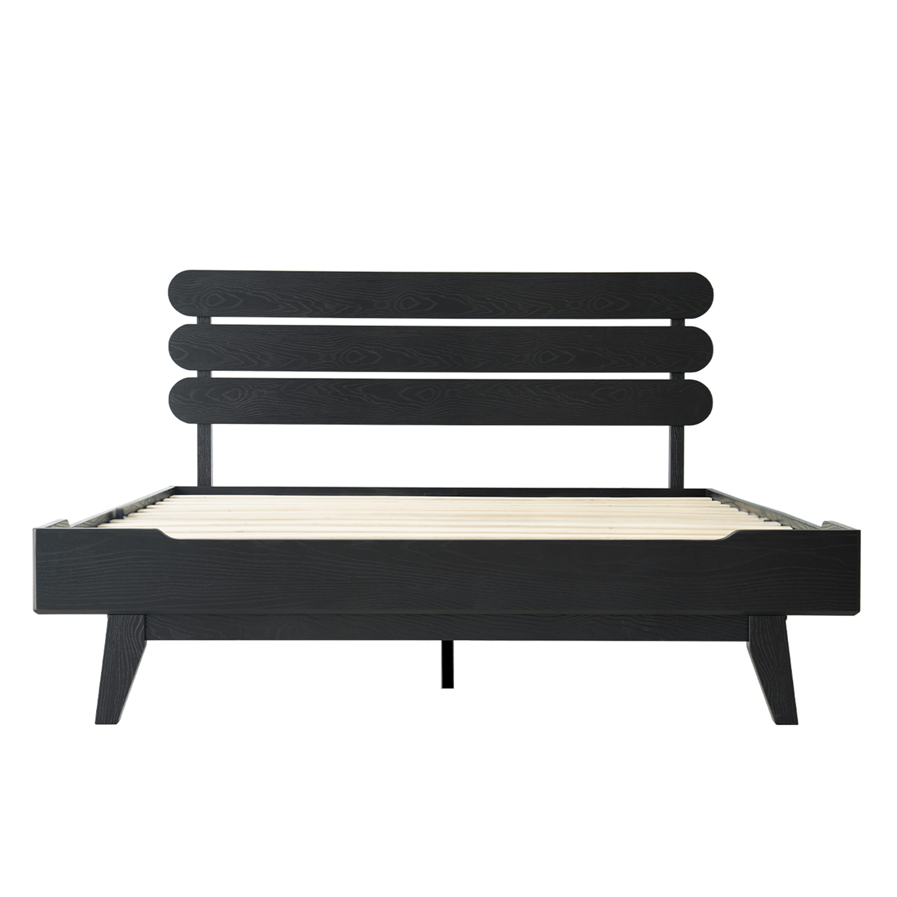 Queen Size Bed Frame with Headboard & Footboard Solid Wood Platform Bed, Center Metal Legs, 12 Sturdy Slatted Base, Easy Assembly, No Box Spring Needed, Anti-Noise & Slip-Free Ebony Oak Finish, OZQ-35